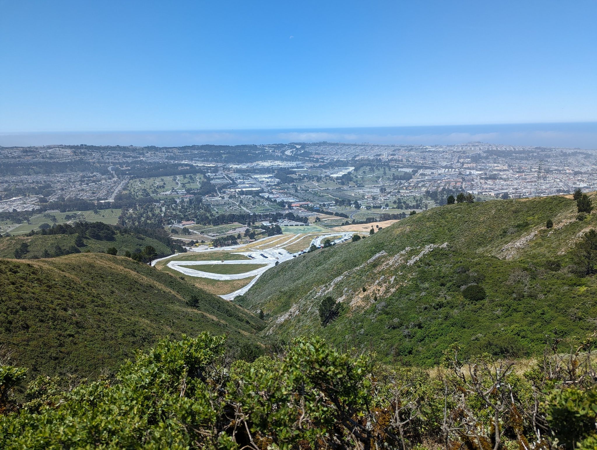 Expansive view of green hills, winding roads, and a distant city. - San Bruno Mountain Summit Loop