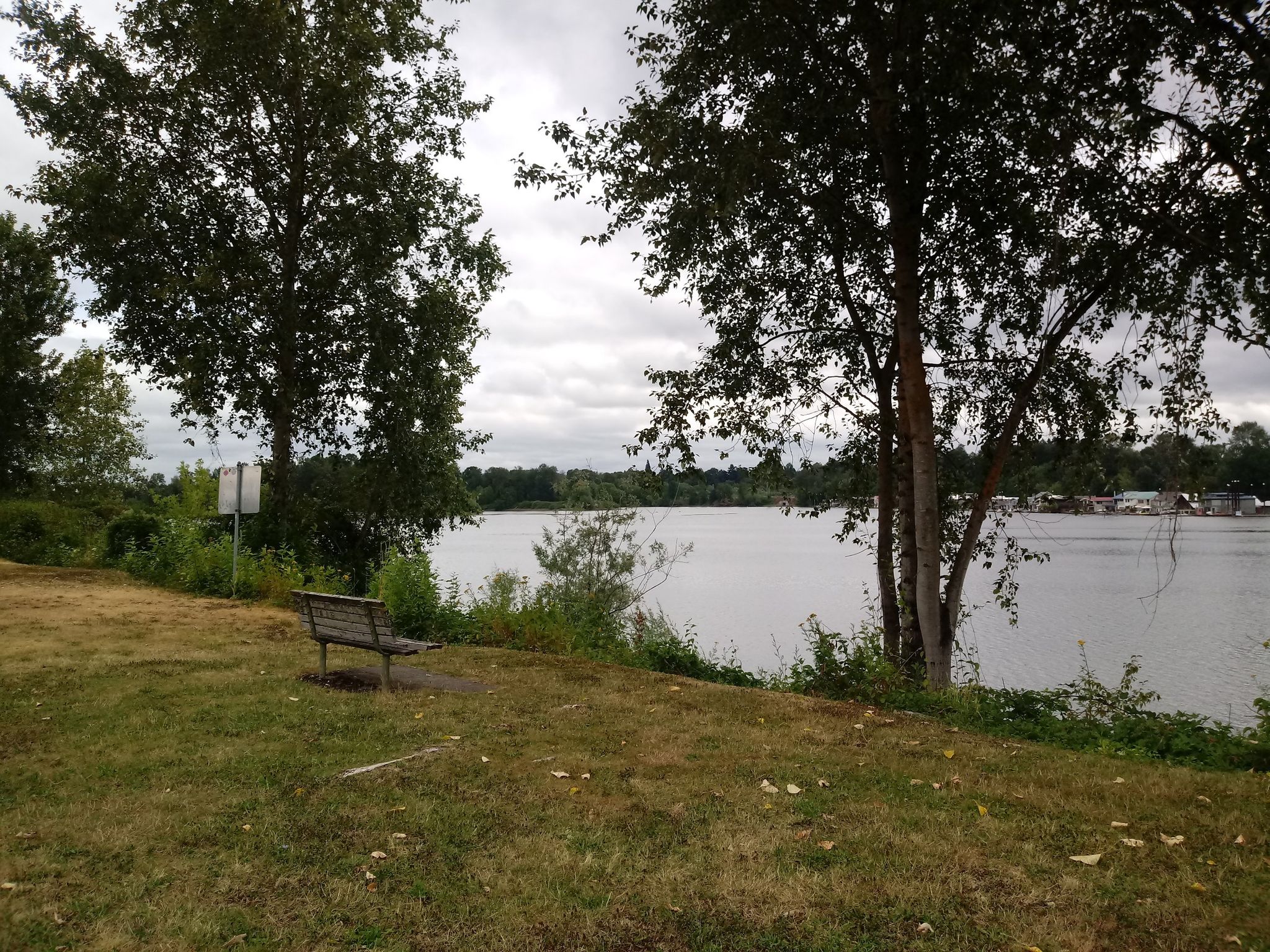 Empty park bench on a grassy bank overlooking calm water under cloudy sky. - Hillsdale to the River Trail