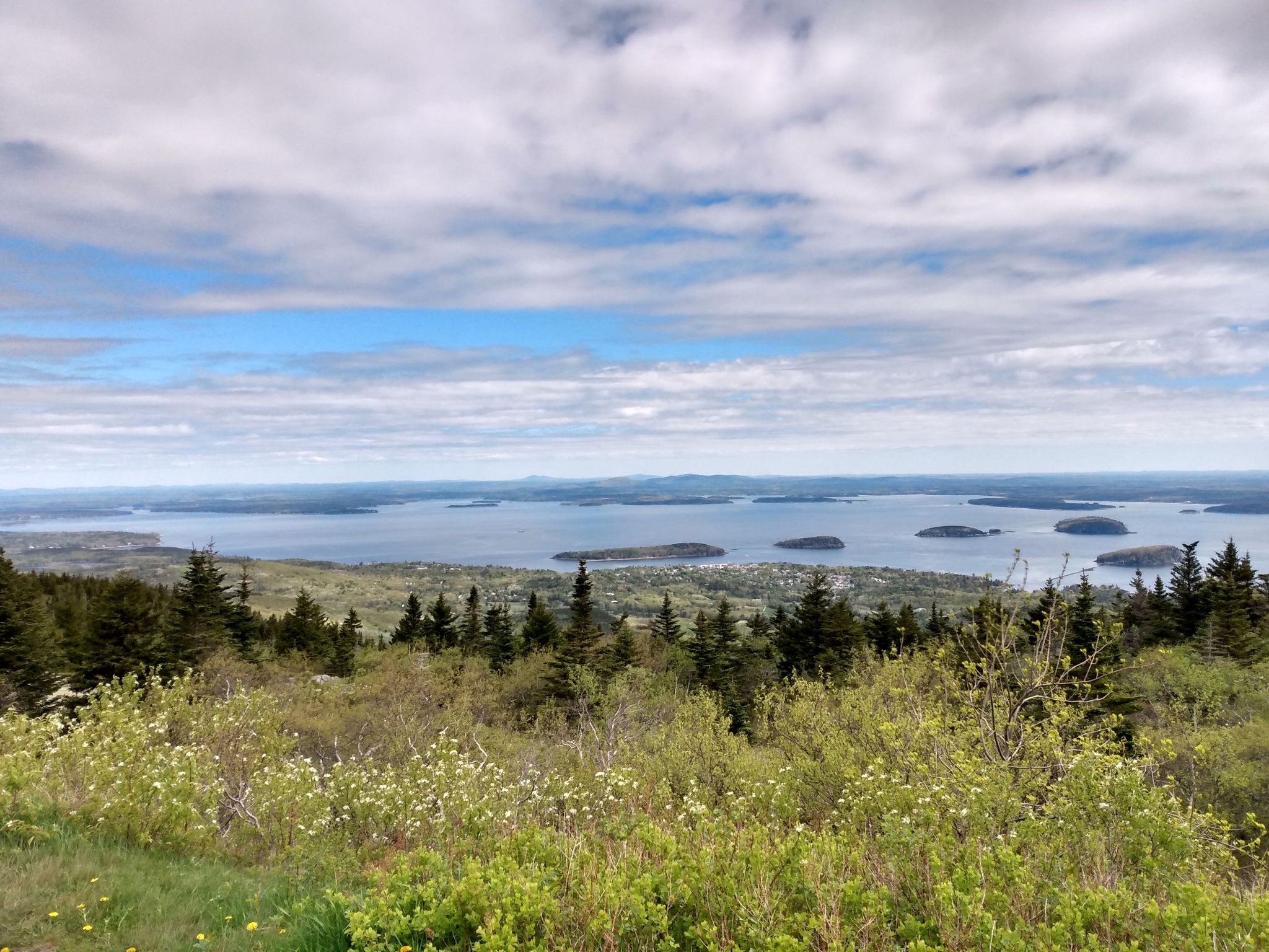 Wide view of a large bay with islands, green trees, and cloudy sky. - Cadillac Mountain from the Hulls Cove Visitor Center