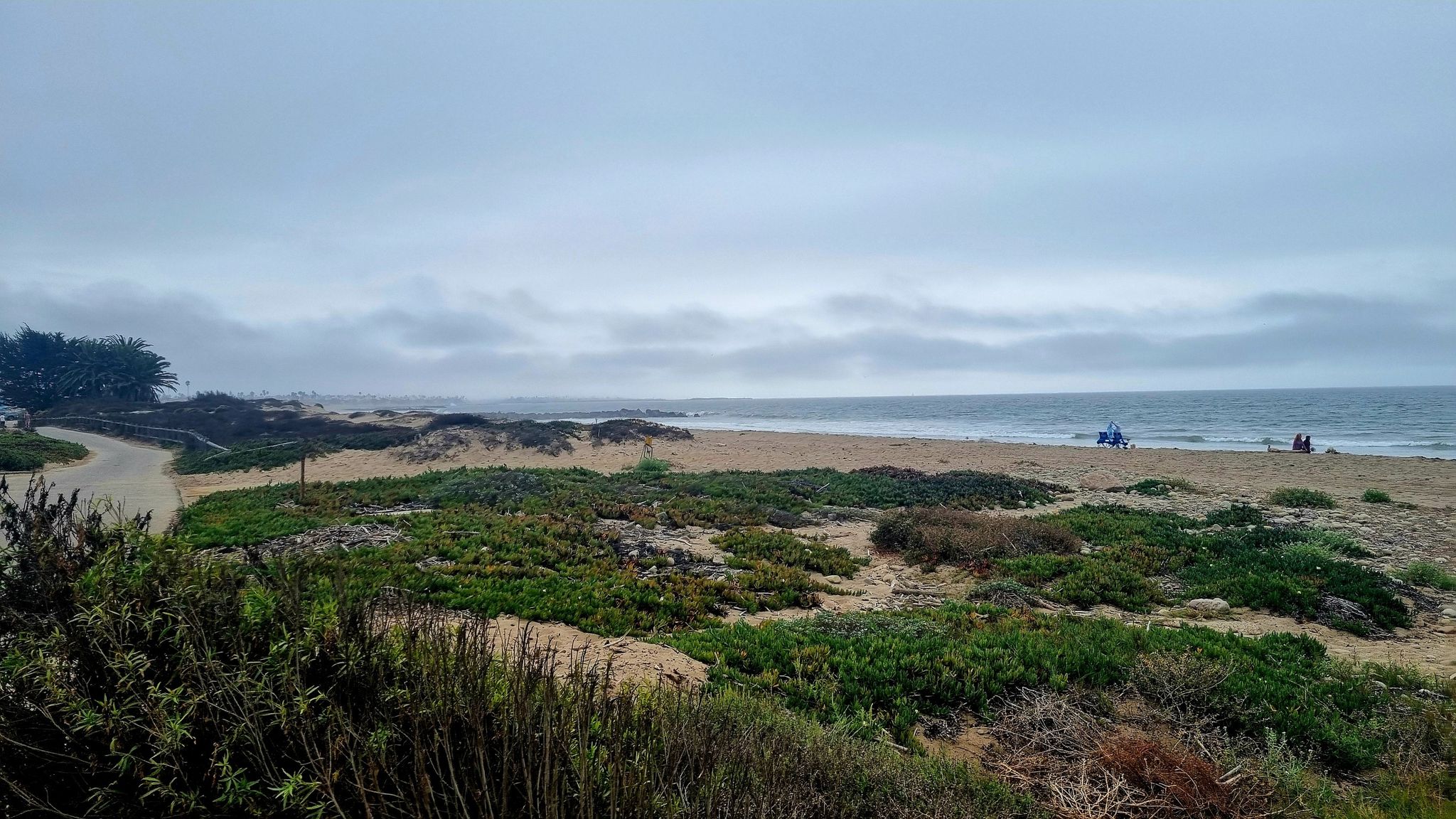 Beach with green dunes, ocean waves, and distant people under a cloudy sky. - Omer Rains Coastal Bikeway and Ventura Loop