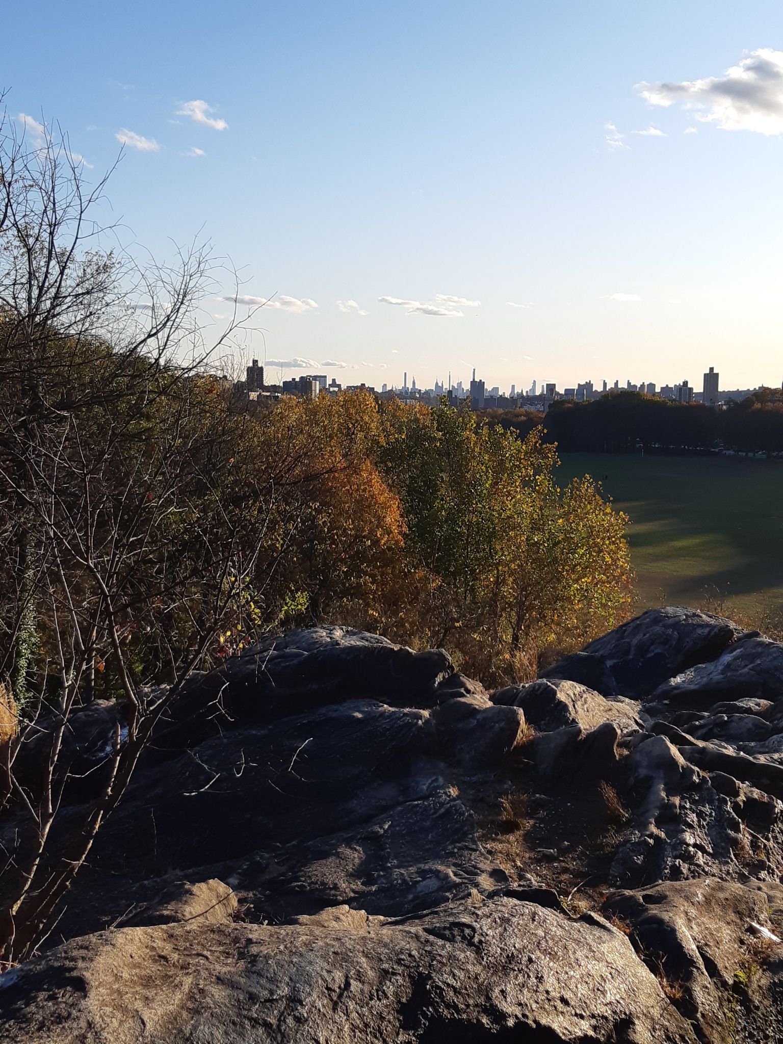 Rocky foreground with autumn trees overlooking a distant city skyline and green field. - John Muir Trail Loop