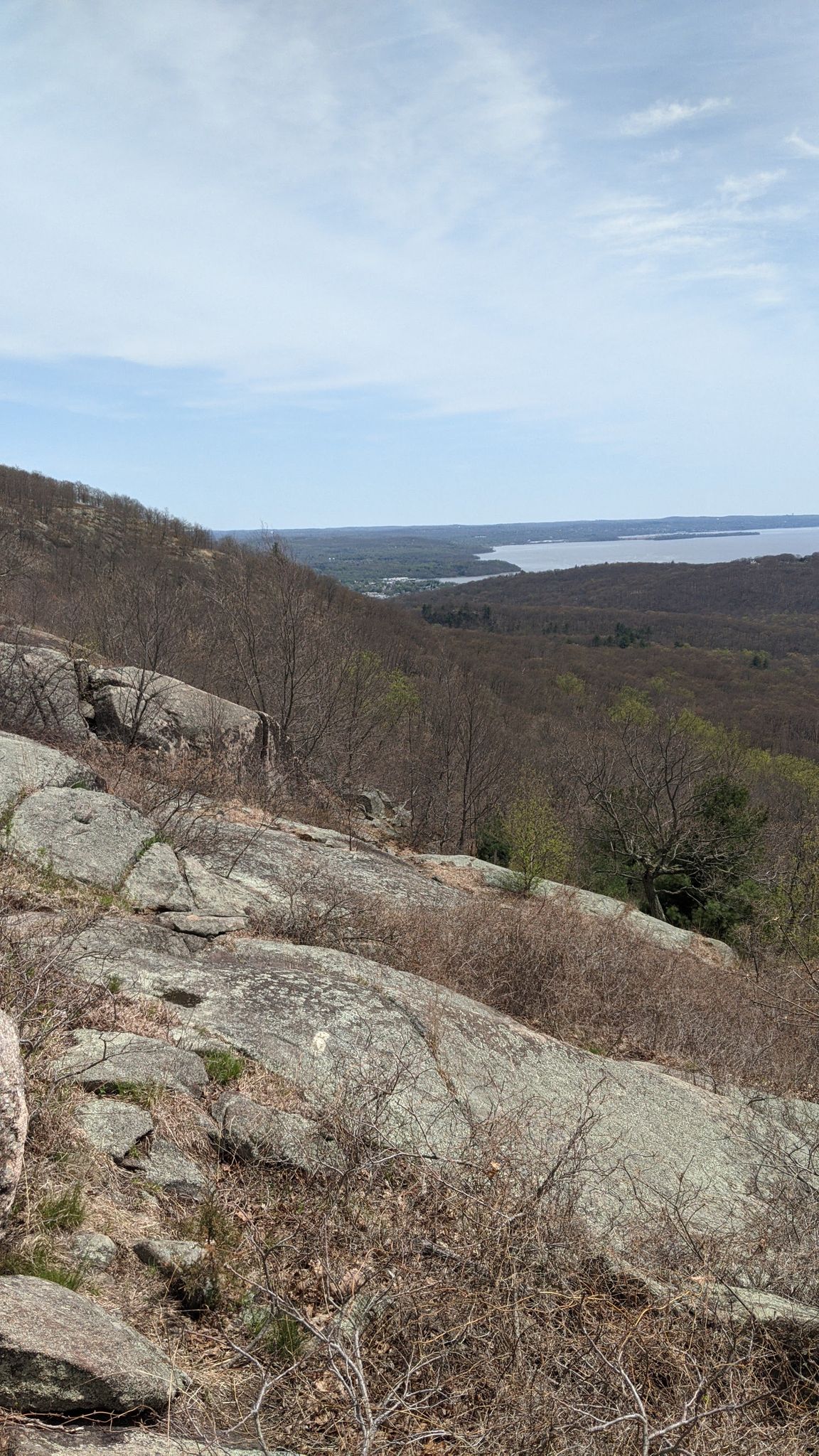 Rocky hillside with sparse trees overlooking a distant water body under clear sky. - West Mountain Shelter – Western Mountain Peak loop from Bear Mountain State Park