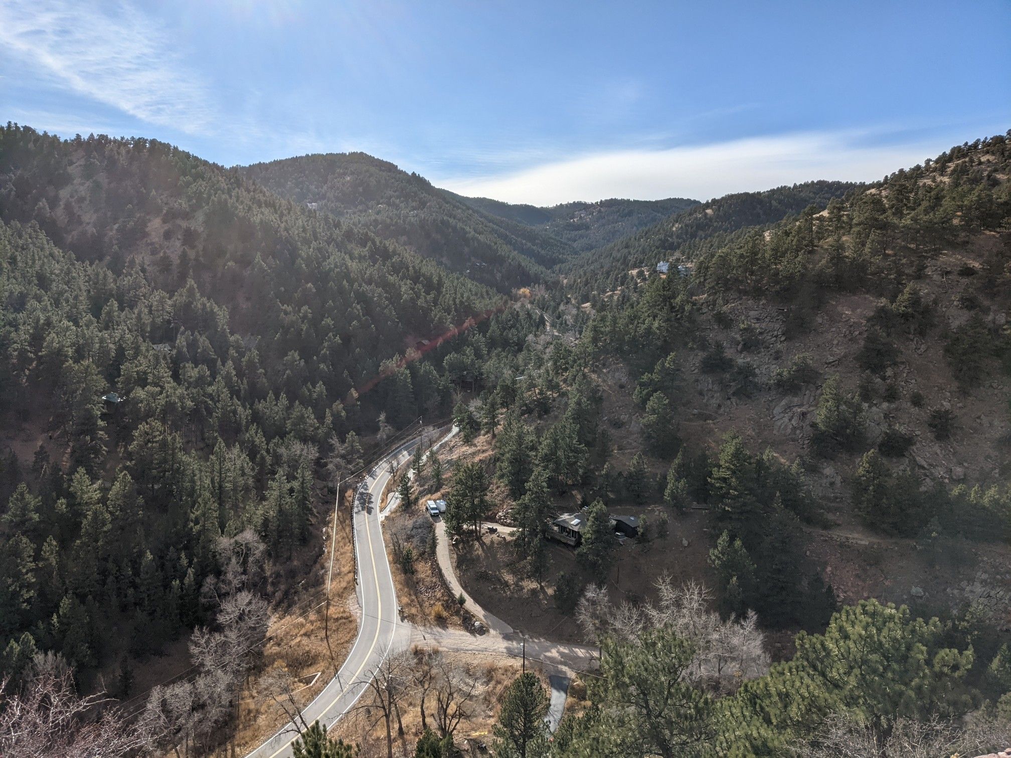 Aerial view of a winding road through a sunny, forested mountain valley. - Ward, Lefthand Canyon, and Lee Hill loop from Pearl Street