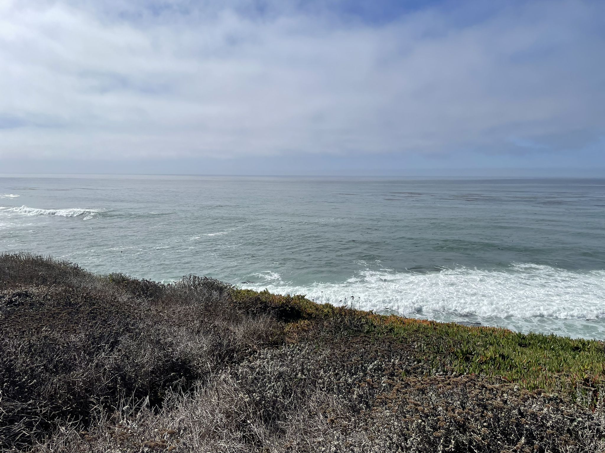 Ocean waves crashing on a distant shore under a cloudy sky. - Ridge, Bluff, Arch and Dolphin Trail