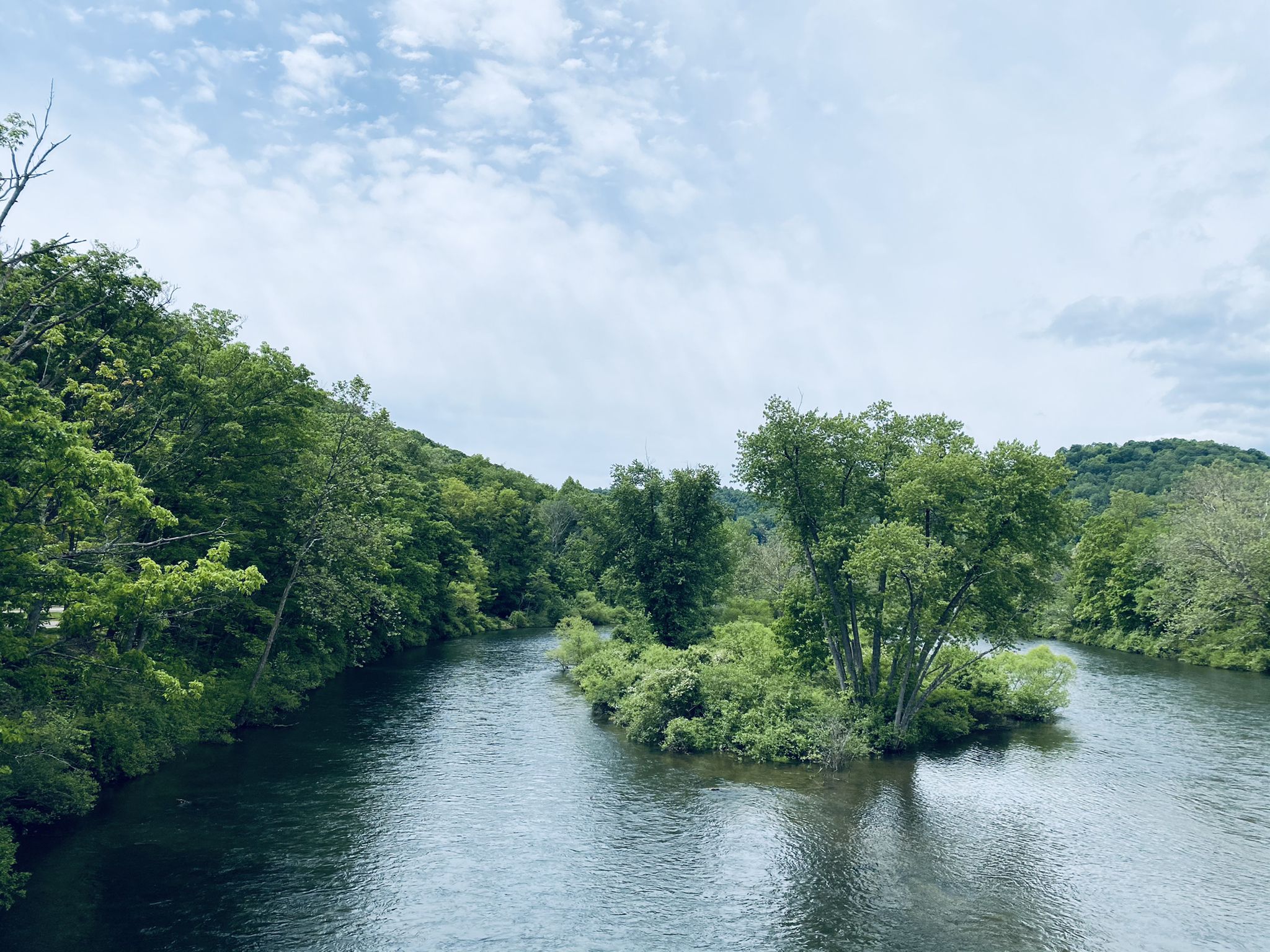 A wide river with a small tree-covered island under a partly cloudy sky. - Confluence – Ohiopyle loop from Ohiopyle