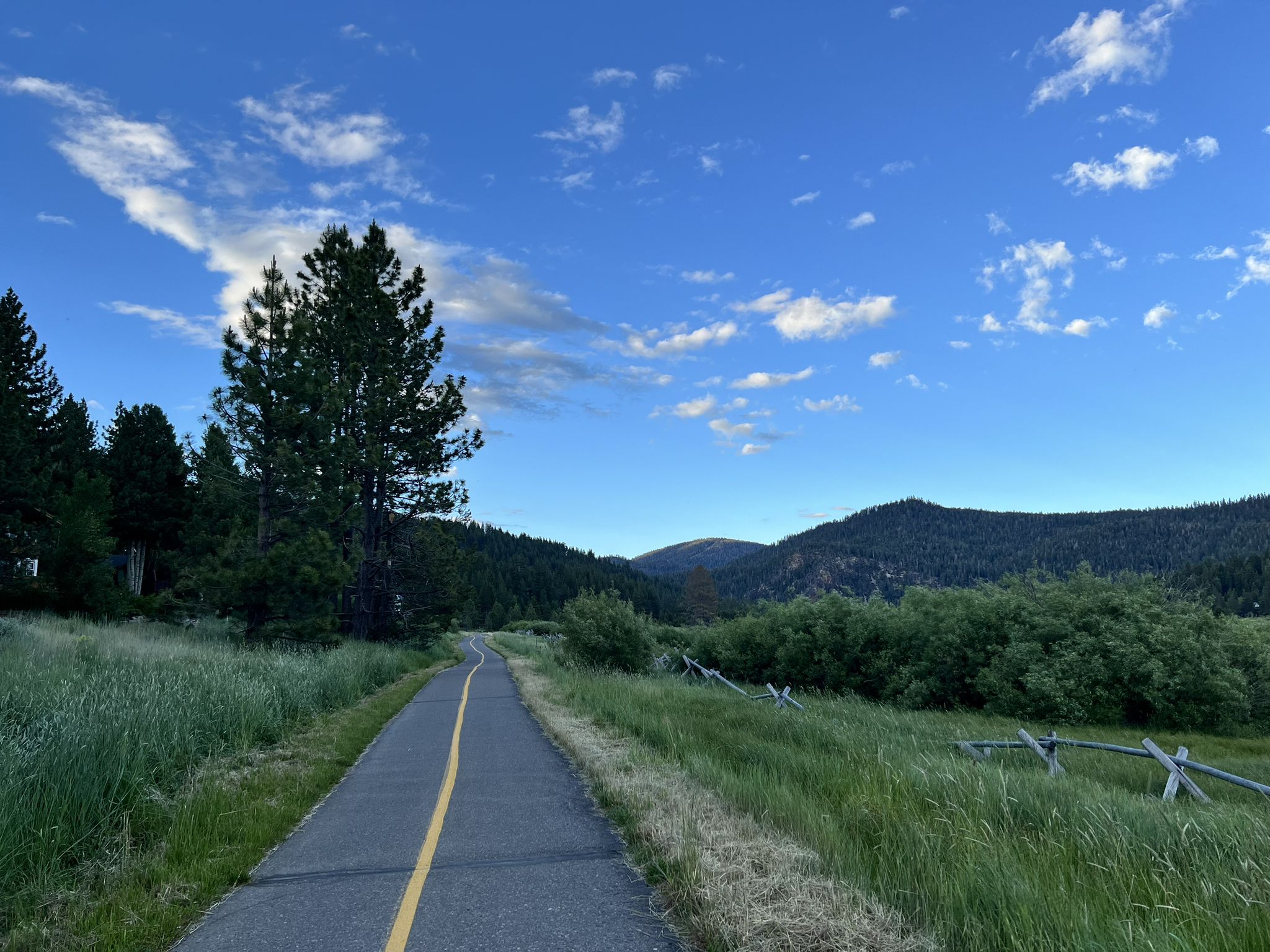 A paved path with a yellow line through green fields and forested mountains. - Olympic Valley Bike Trail