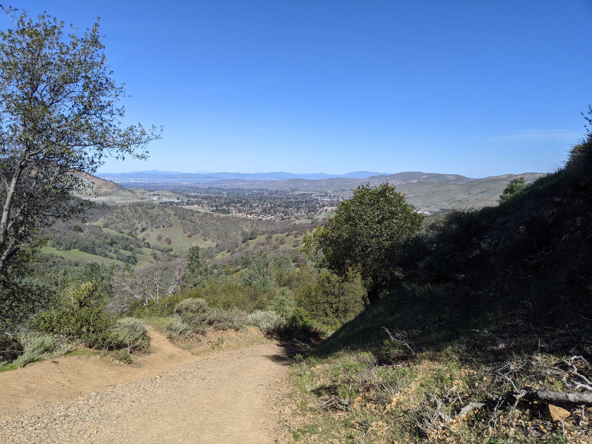 A dirt path overlooks a sunny, green valley with a distant town. - Donner Canyon Road – Mount Olympia loop from Lot 25