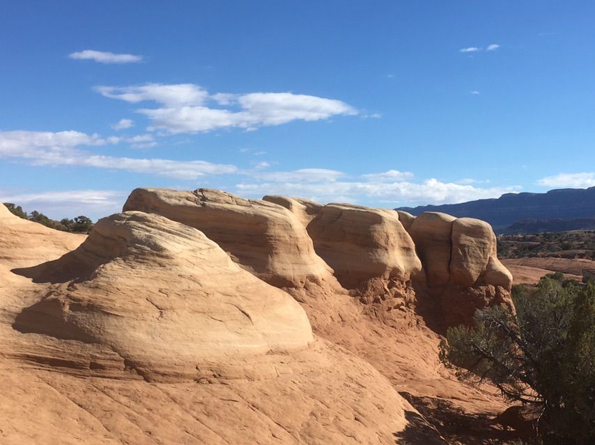 Layered sandstone rock formations under a bright blue sky with scattered clouds. - Devils Garden Trail