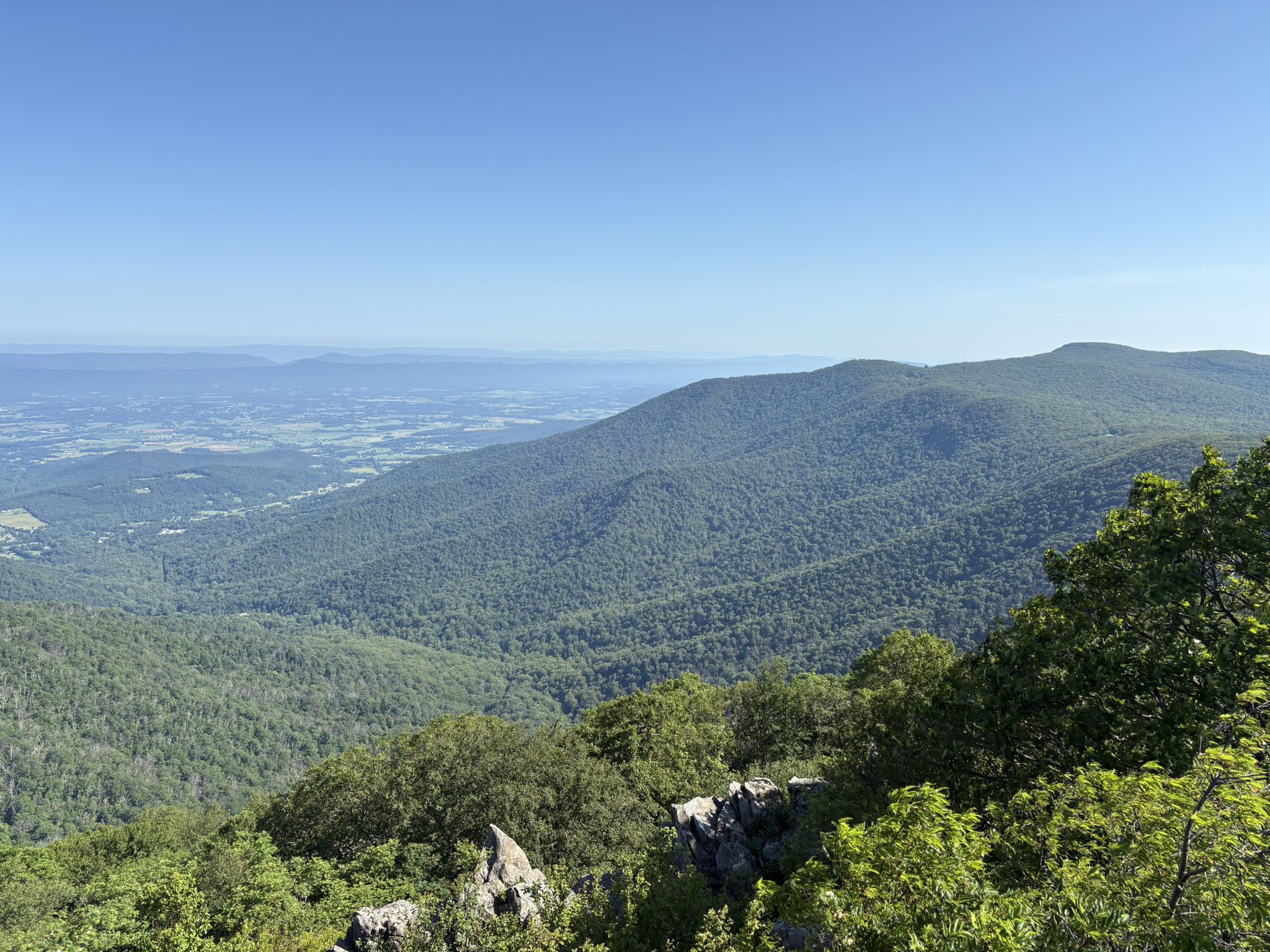 Expansive mountain view with green forests under a clear blue sky. - Upper Hawksbill Trail