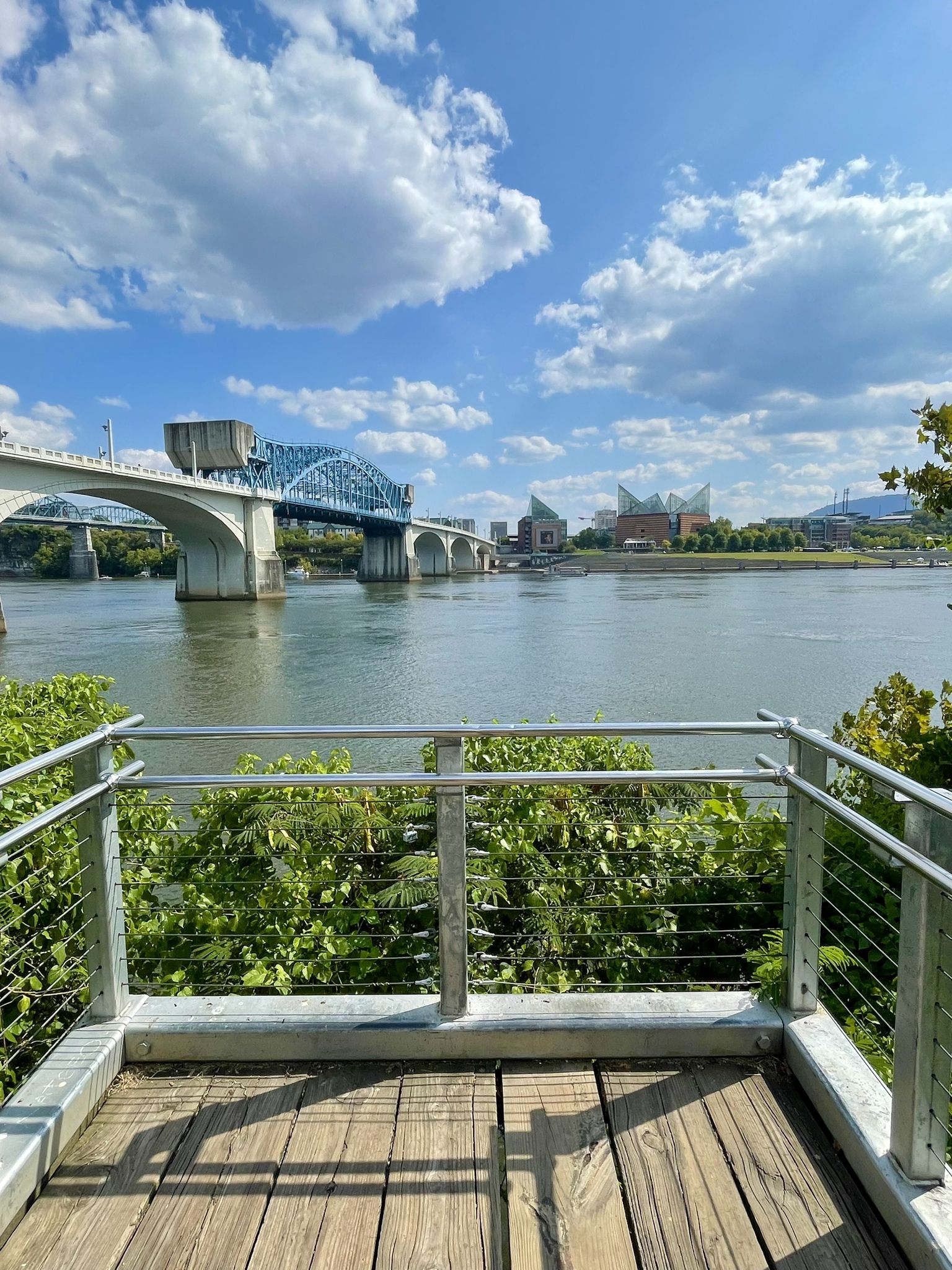 Sunny view of a wide river, multiple bridges, and a distant city skyline. - Renaissance Park Trail
