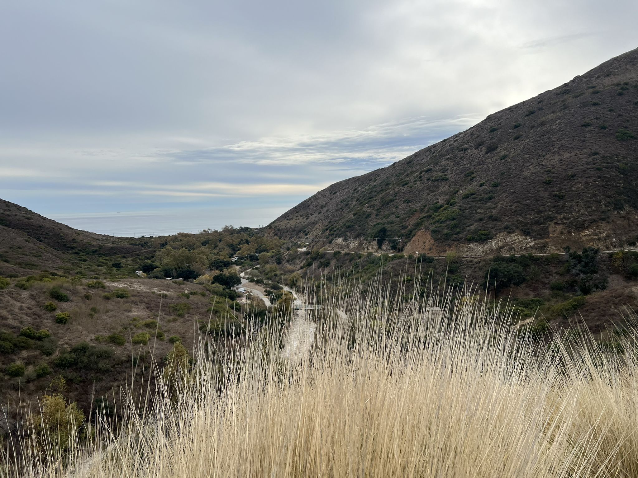 A winding path through a valley with dry hillsides under a cloudy sky. - Leo Carrillo State Park Beach – Barney Knob loop from Nicholas Canyon County Beach