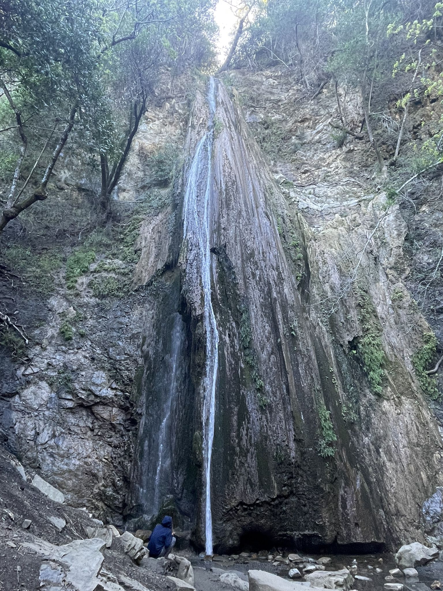 A person sits at the base of a tall, narrow waterfall in a rocky canyon. - Nojoqui Falls Trail