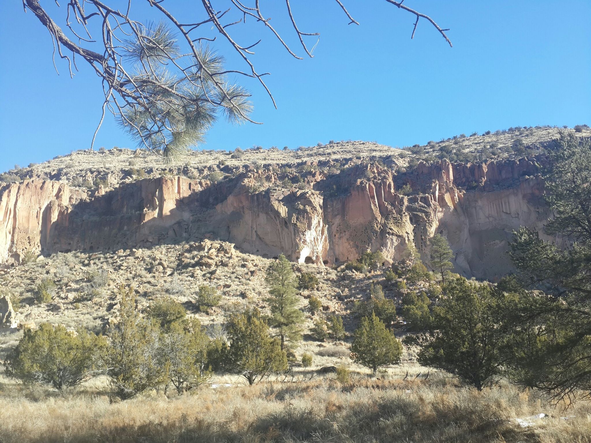 Wide view of a distant mesa with cliff dwellings under a clear sky. - Frijoles Trail to Yapashi Pueblo ruins loop trail run
