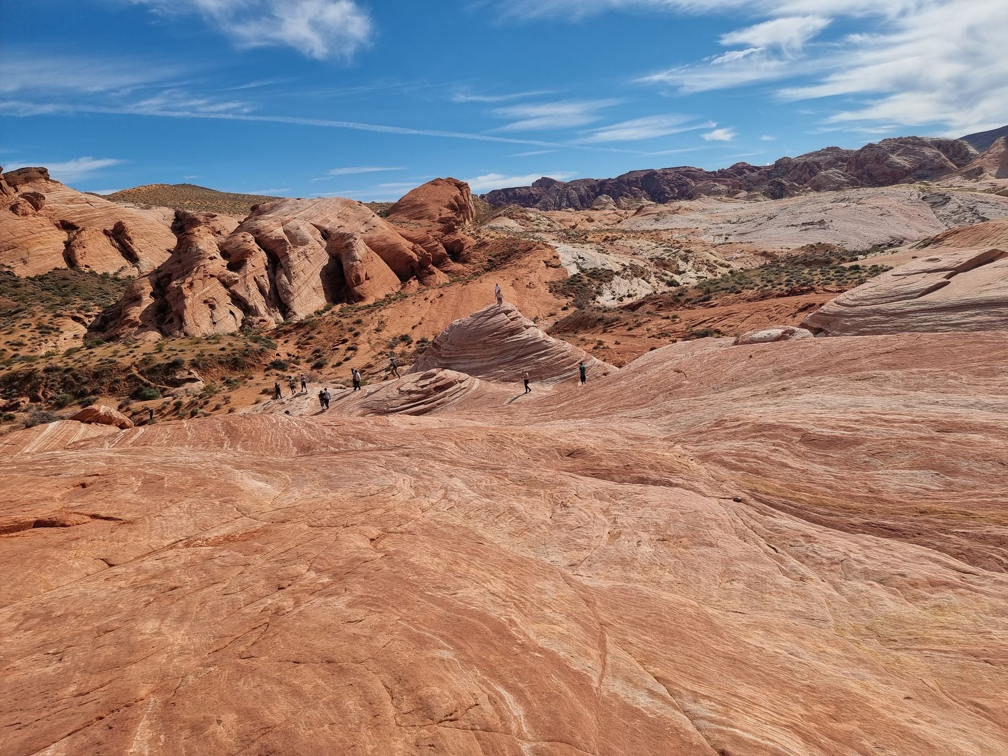 Hikers on striped red rock formations in a vast desert landscape, sunny. - Fire Wave, White Domes and Seven Wonders Loop