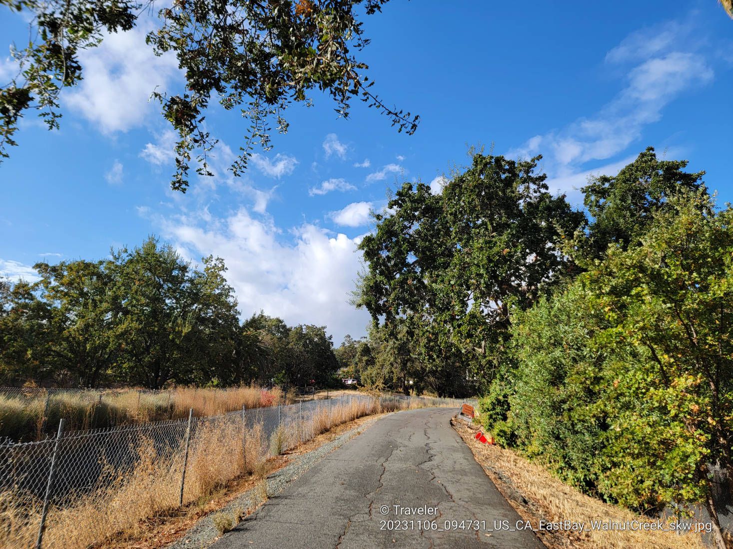 Paved road next to a fenced area with dry grass and trees. - Walden Park – Iron Horse Trail junction loop from Pleasant Hill/Contra Costa Centre