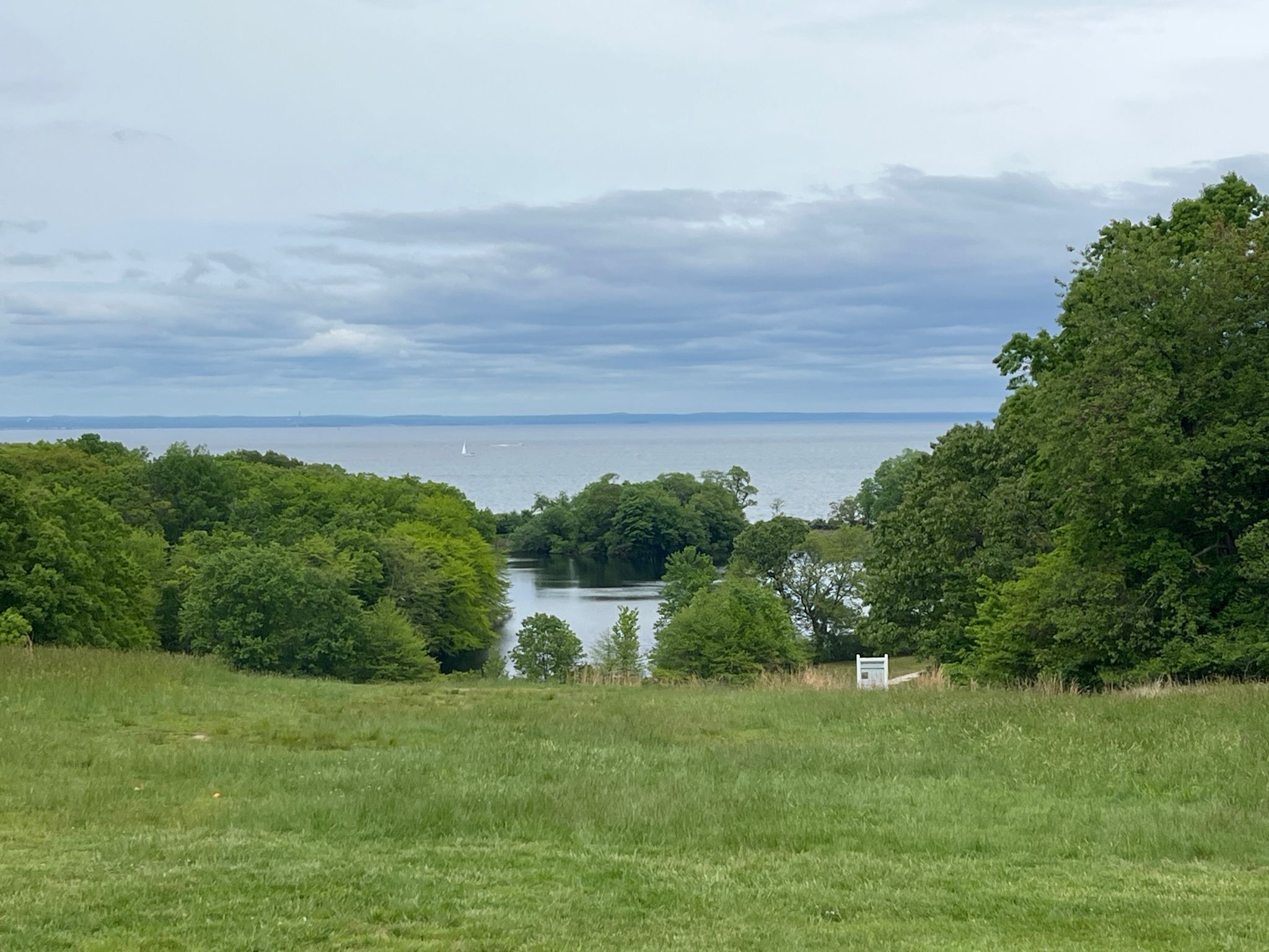 Green field slopes down to a calm inlet and large body of water, cloudy day. - Caumsett Park loop
