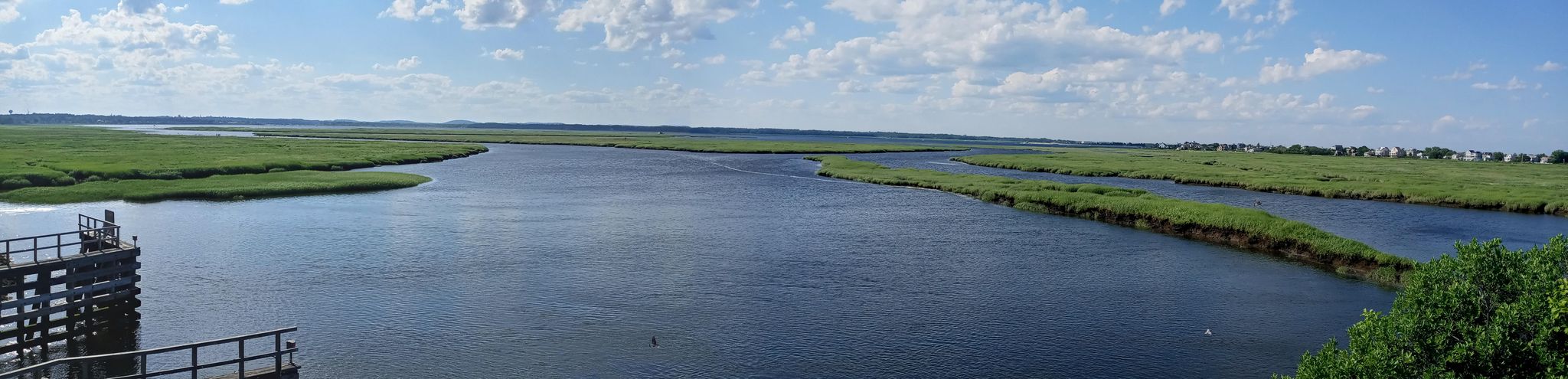 Panoramic view of a wide river flowing through green marshlands under a blue sky. - Plum Island & Sandy Point State Reservation loop from Newburyport