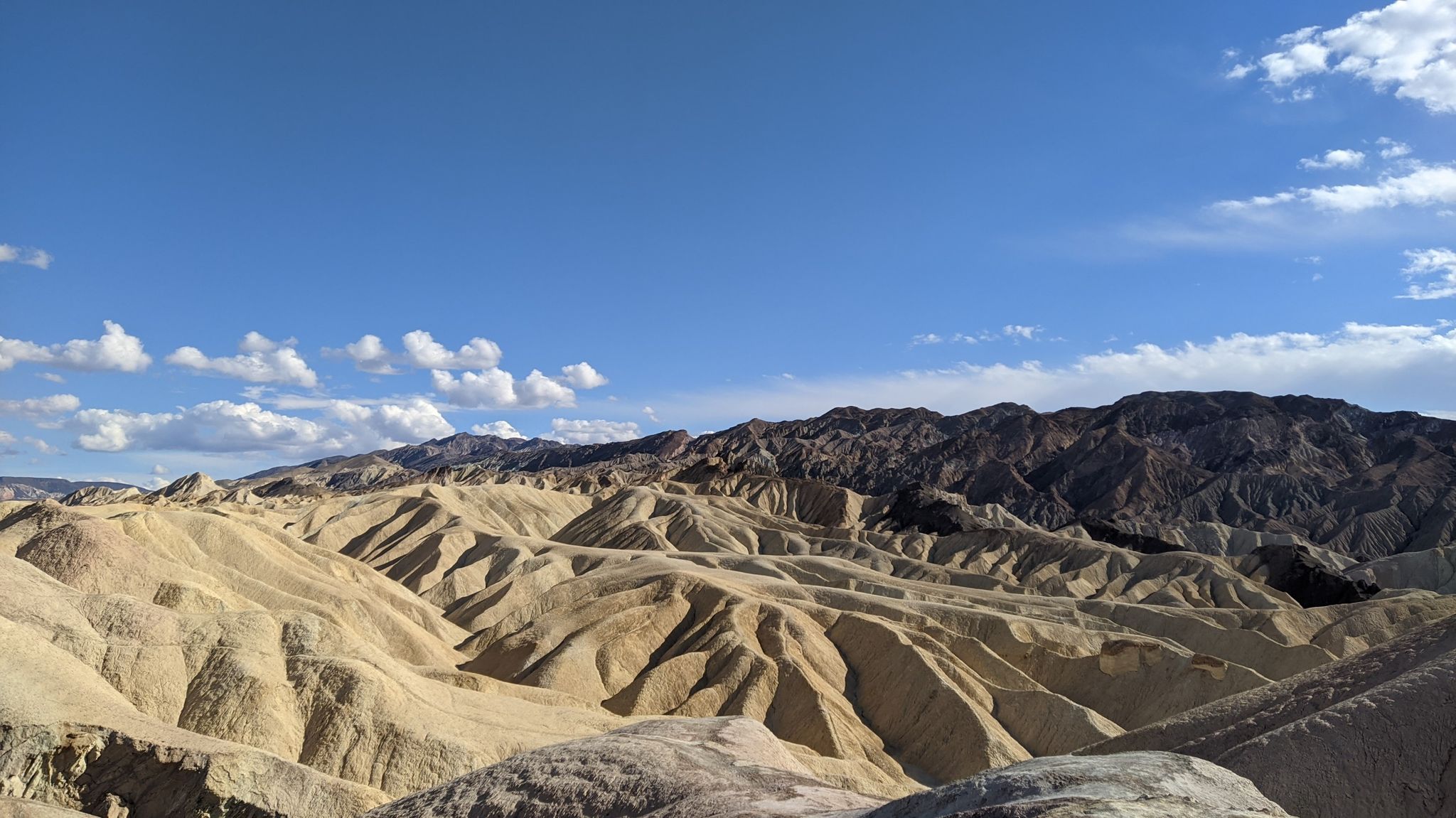 Expansive view of light-colored, undulating desert hills under a bright blue sky. - Badlands Loop Trail