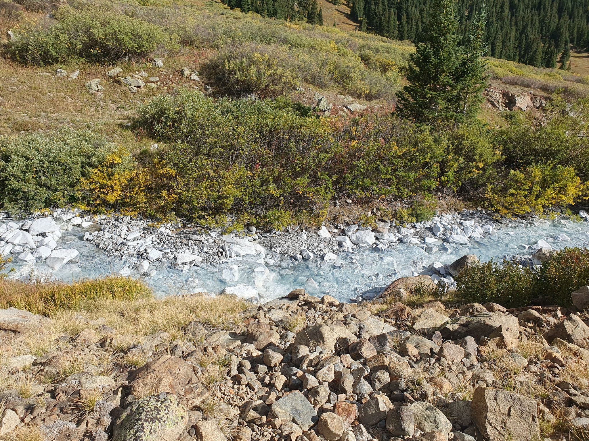 A light blue stream flows through a rocky, vegetated mountain landscape in bright daylight. - Grays Peak & Torreys Peak from Argentine Pass Trailhead