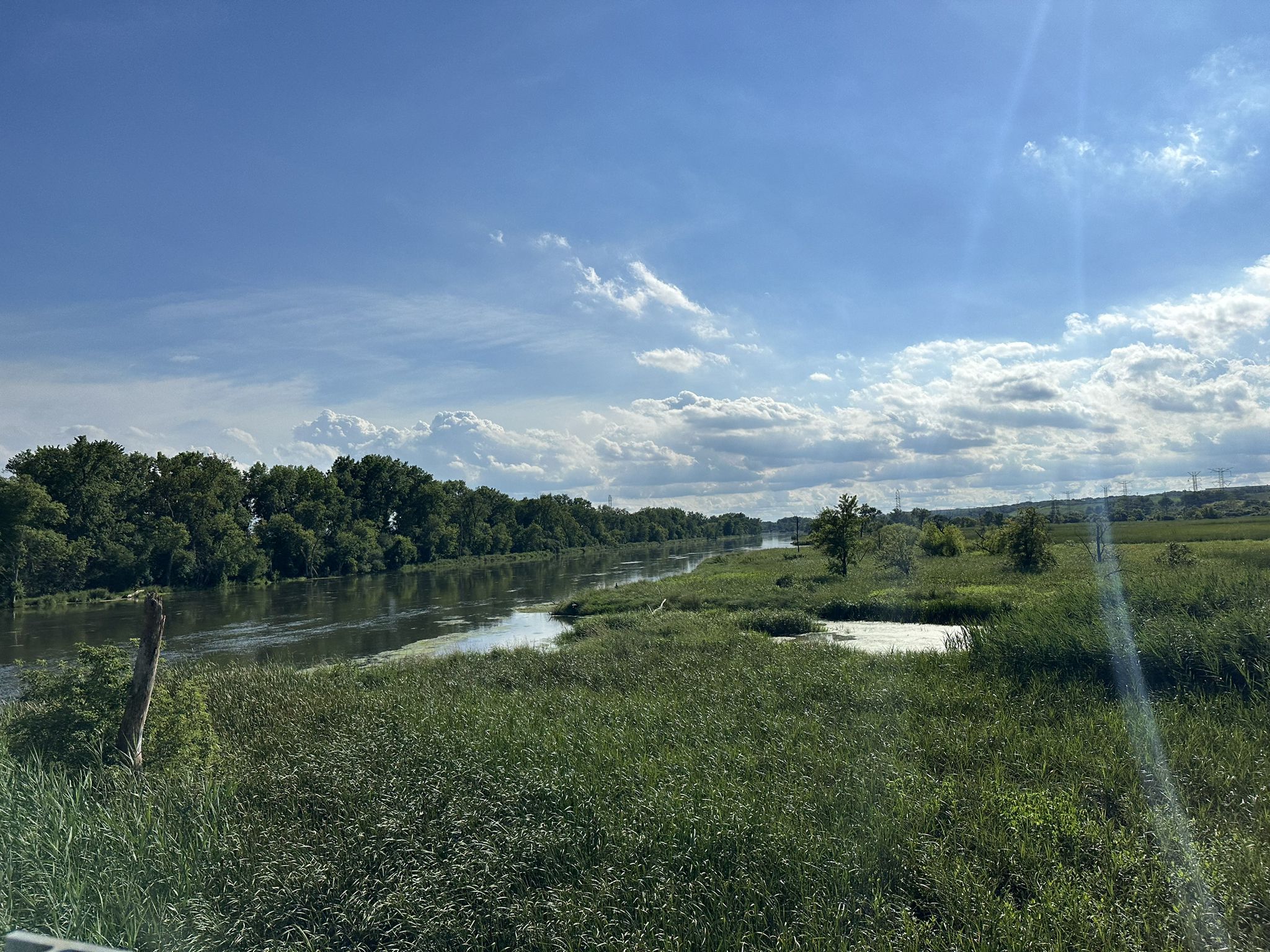 Sunny view of a wide river next to vast green wetlands. - Centennial Trail loop from Woodridge