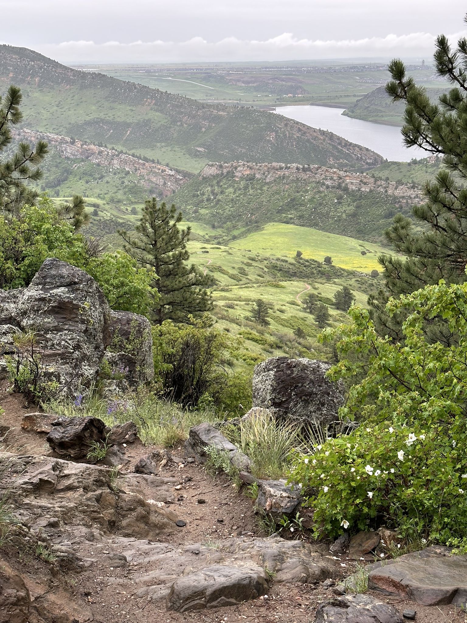 Rocky trail overlooking a green valley with a distant lake under a cloudy sky. - Shorthorn-Longhorn Loop