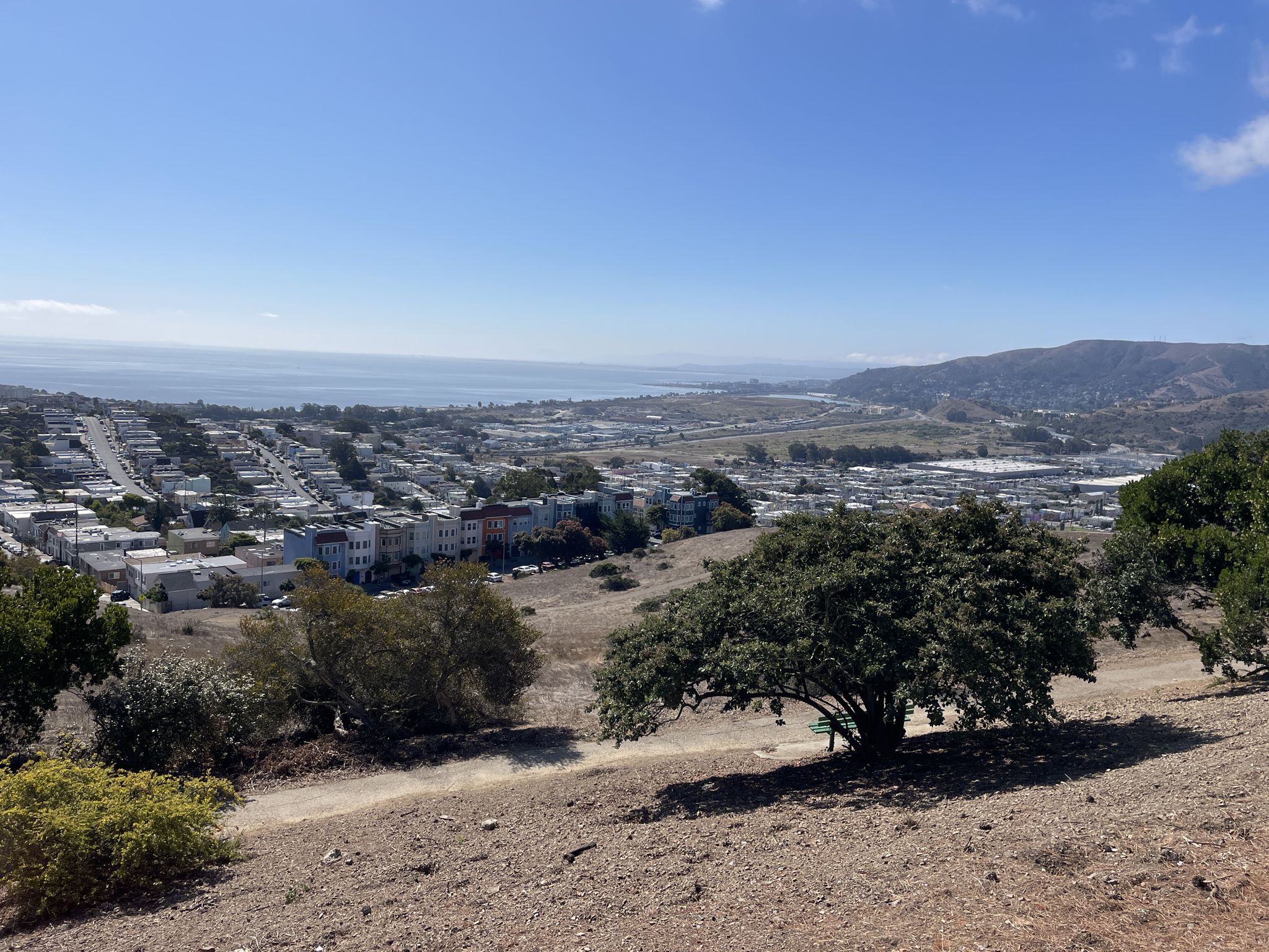Panoramic view of a city, ocean, and distant hills on a clear day. - Philosopher's Way