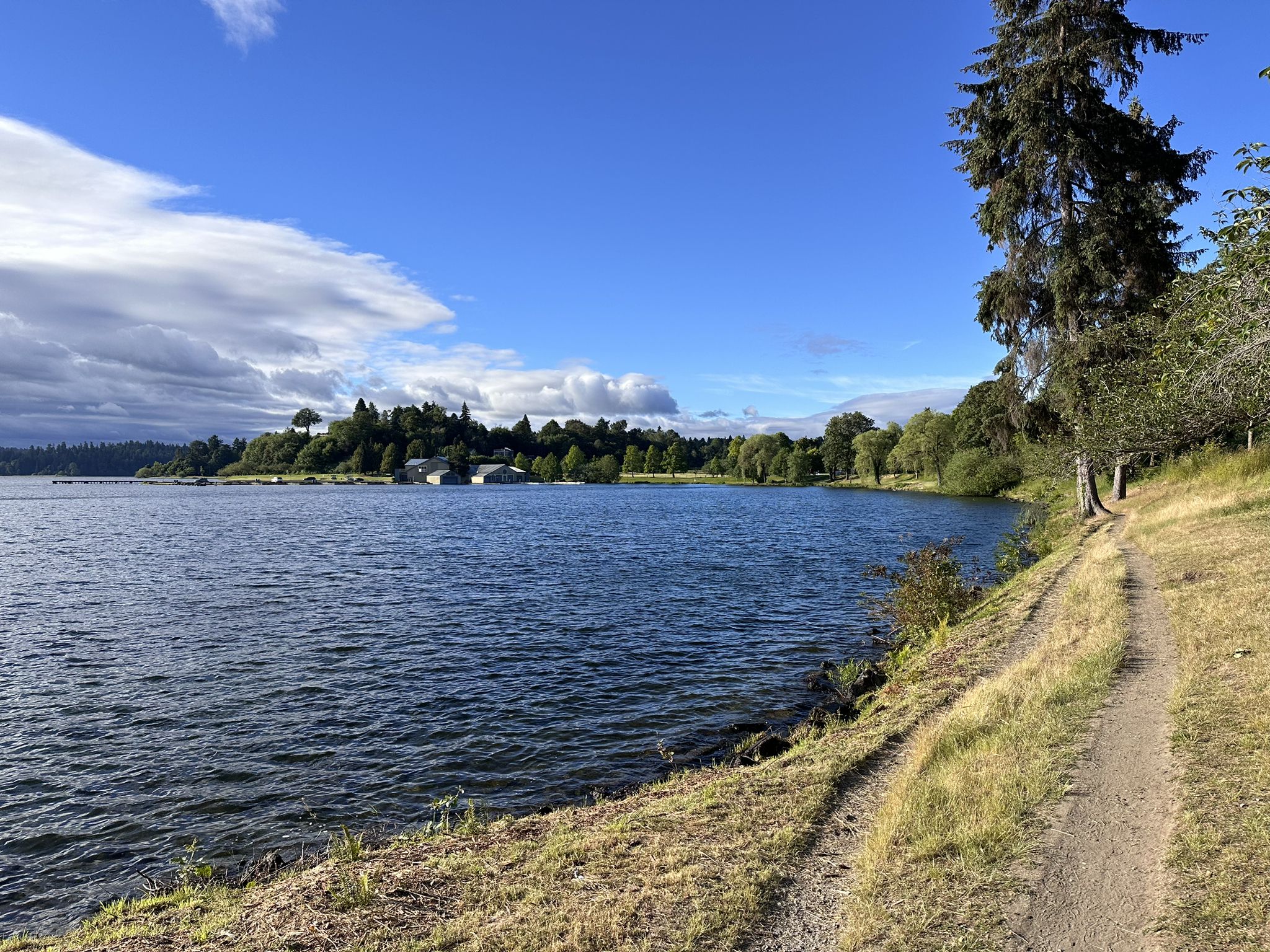 Lake with a dirt path, green trees, and a partly cloudy blue sky. - Andrews Bay – Lakeview Park loop from Othello