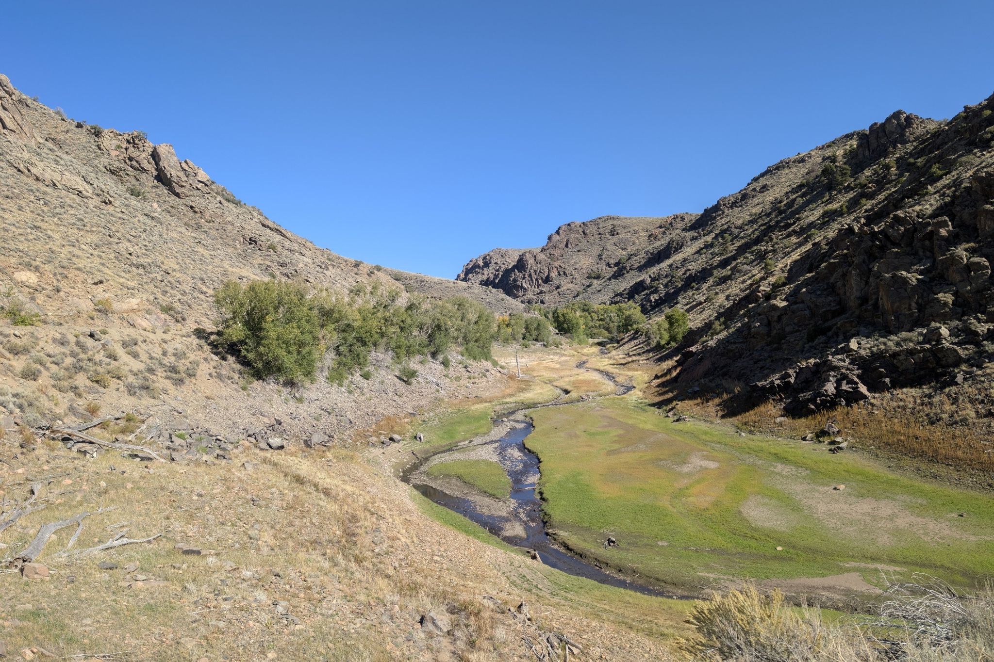 A winding stream flows through a dry, rocky valley under a clear sky. - Silver Thread Scenic Byway via Blue Mesa Reservoir
