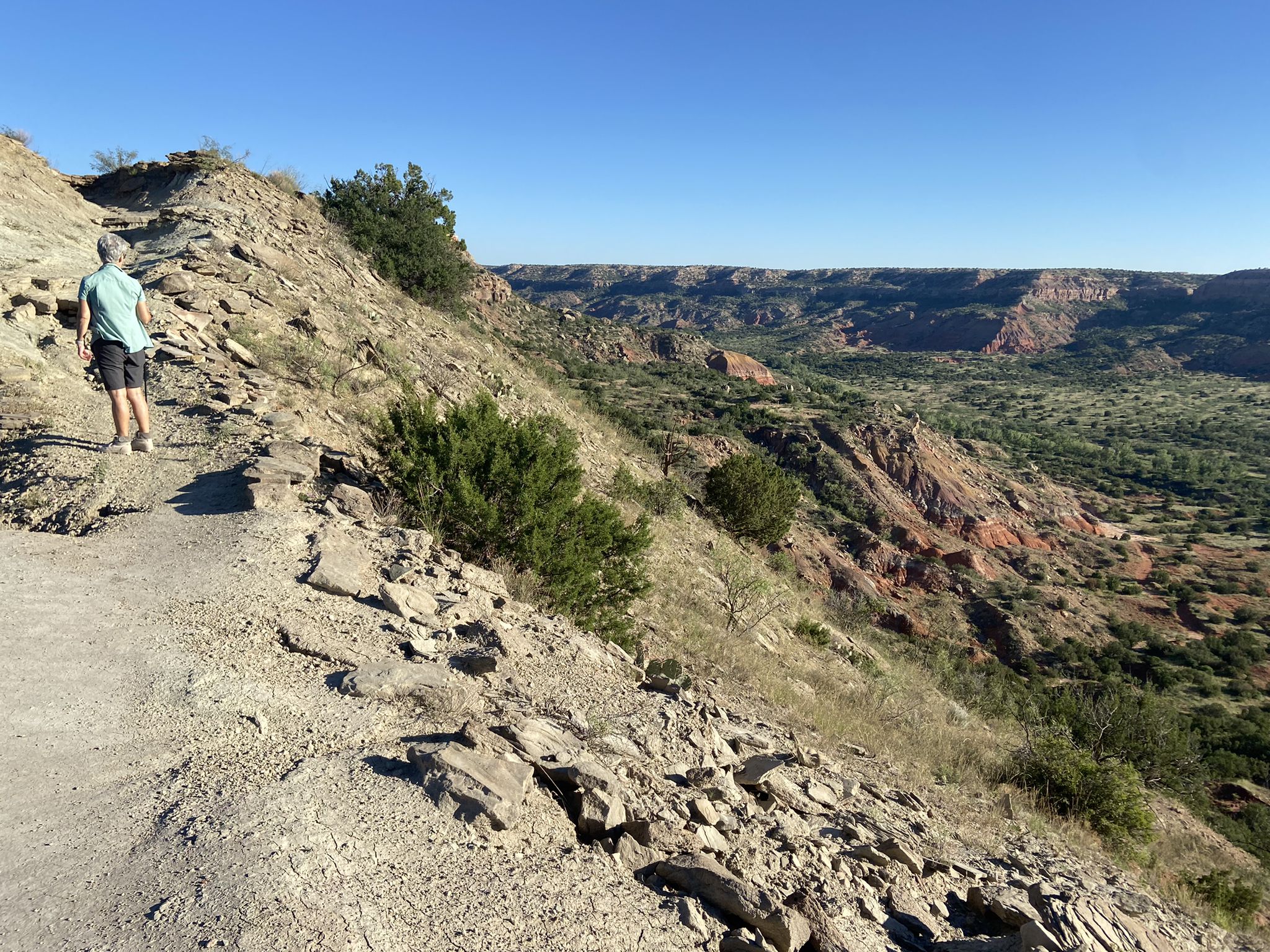 Person hiking on a rocky trail overlooking a vast, sunny canyon landscape. - CCC Trail