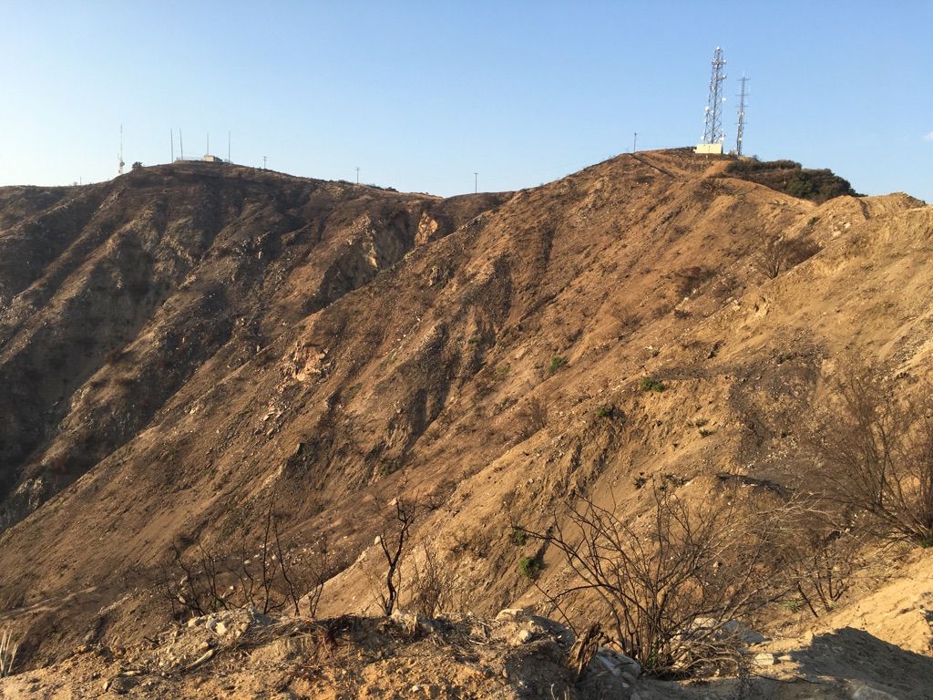 Steep, arid hillside with sparse vegetation and communication towers under a clear sky. - Verdugo Peak via Skyline Motorway