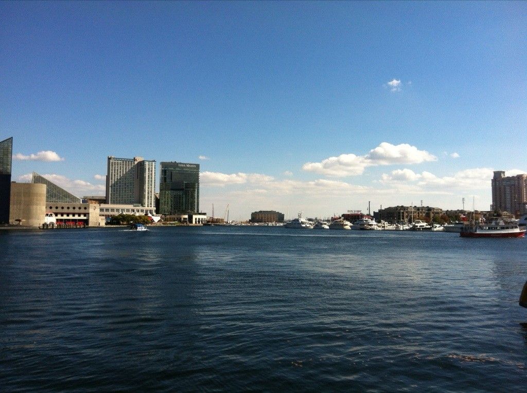 Panoramic view of a city skyline across water with many boats, under clear blue sky. - Jones Falls Trail