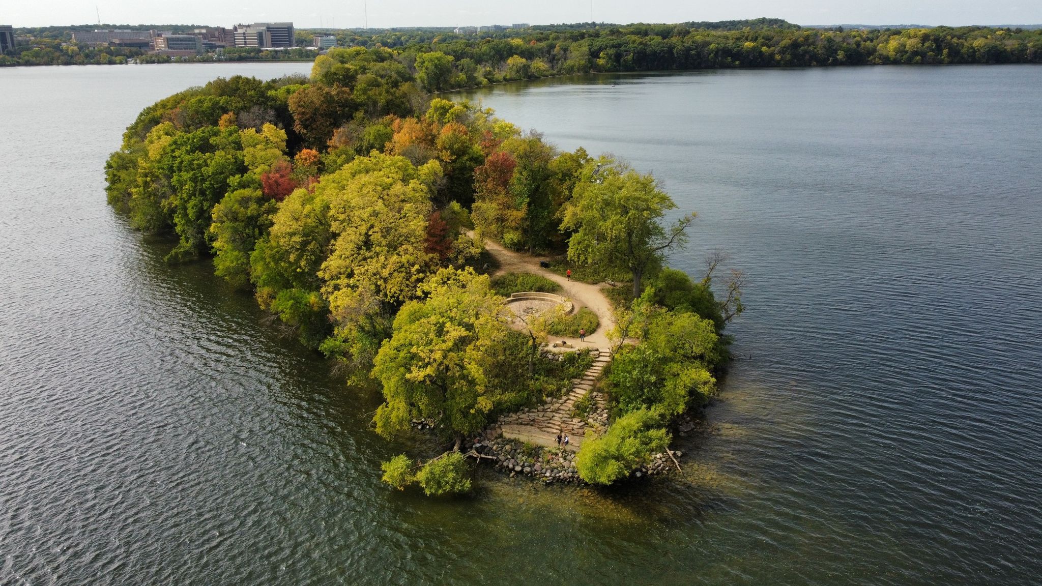 Aerial view of a tree-covered island with a path, surrounded by water. - Picnic Point Marsh Loop