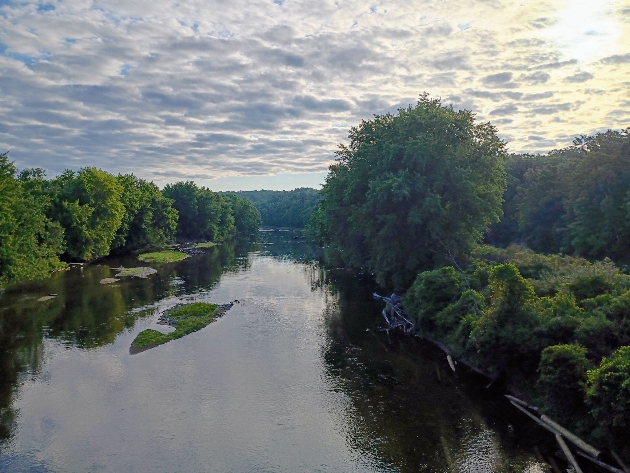 A wide river flows between lush green trees under a bright, cloudy sky. - Fred Meijer White Pine and Pere Marquette Trails Loop