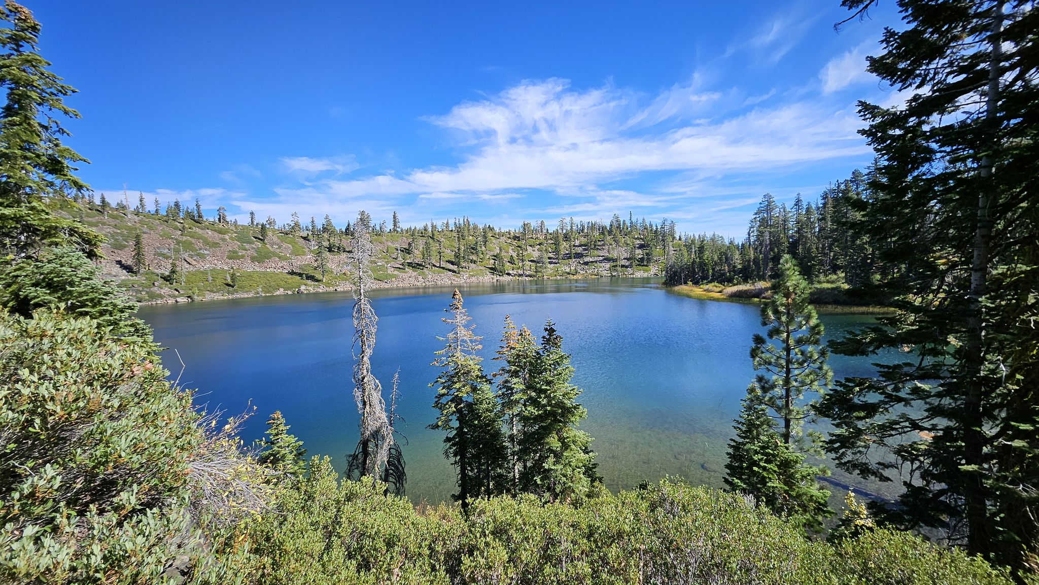 Clear blue lake surrounded by dense green forest under a bright sky. - Smith Lake Trail
