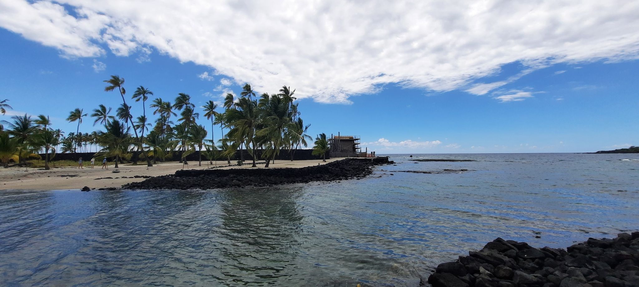 Calm ocean water next to a sandy beach with palm trees and structures. - Big Island 3D-Model loop from Hōnaunau