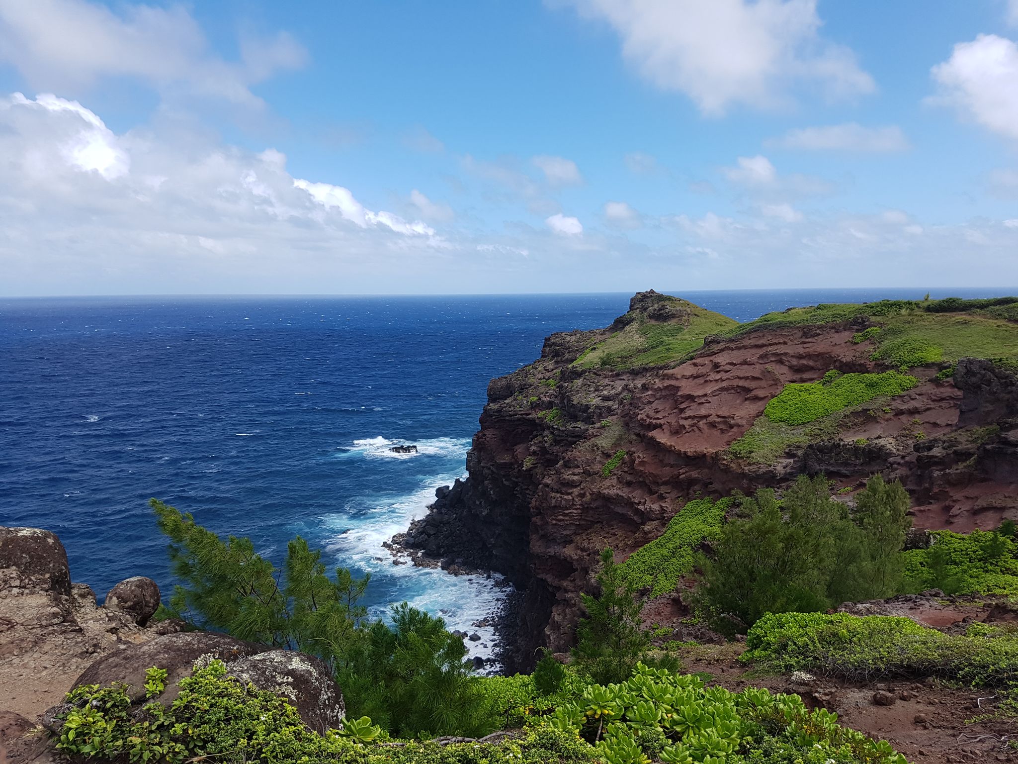Steep green and red cliffs meet a blue ocean under a partly cloudy sky. - Ohai Trail Loop
