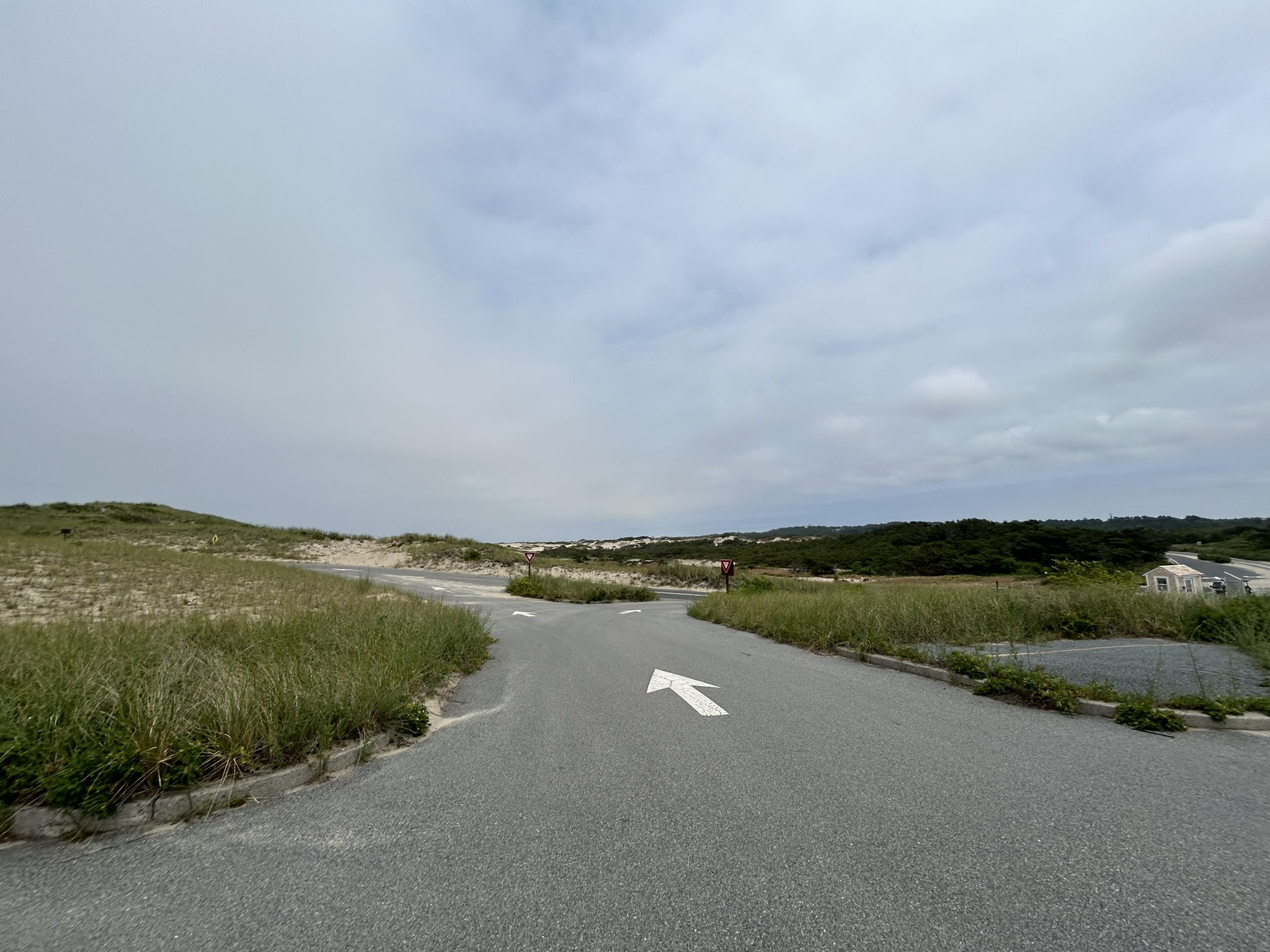 Paved road with a white arrow, surrounded by sandy dunes under a cloudy sky. - Province Lands Bike Trail