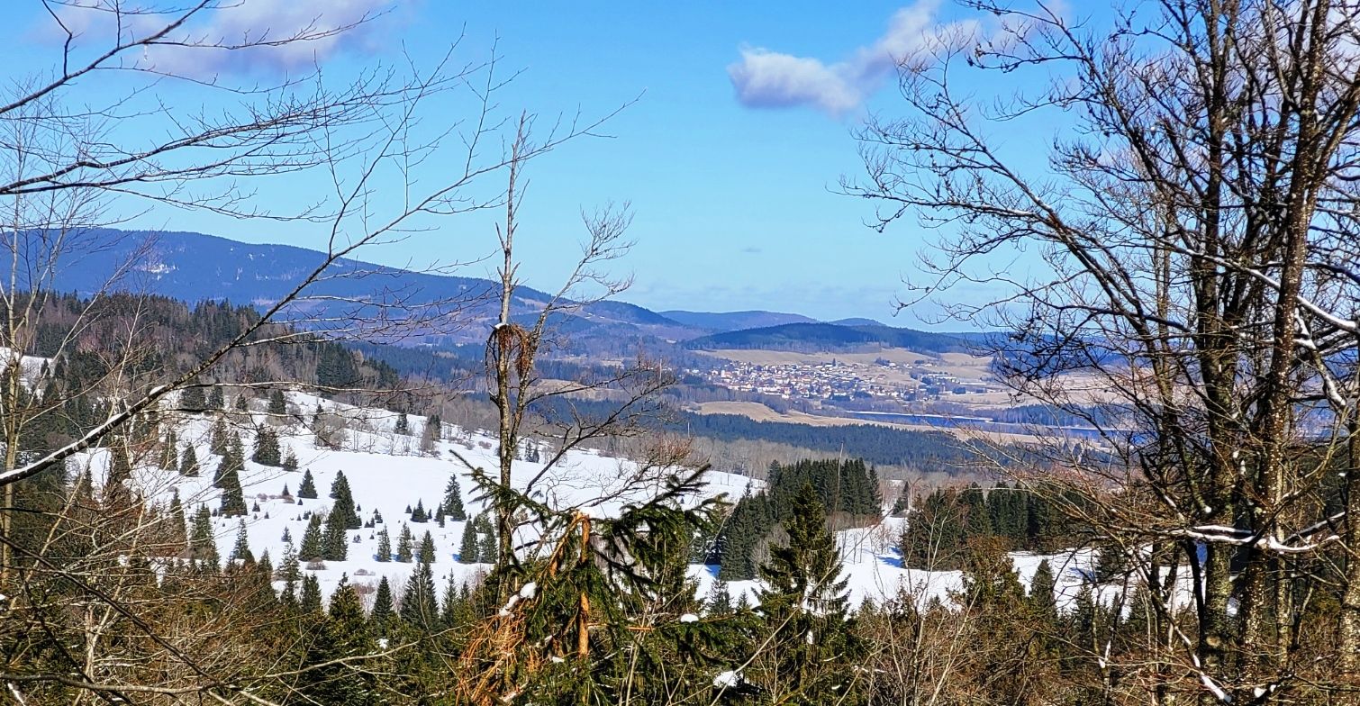 Blick von der Bärnsteinloipe über die Grenze nach Tschechien - Horní Planá (deutsch Oberplan)