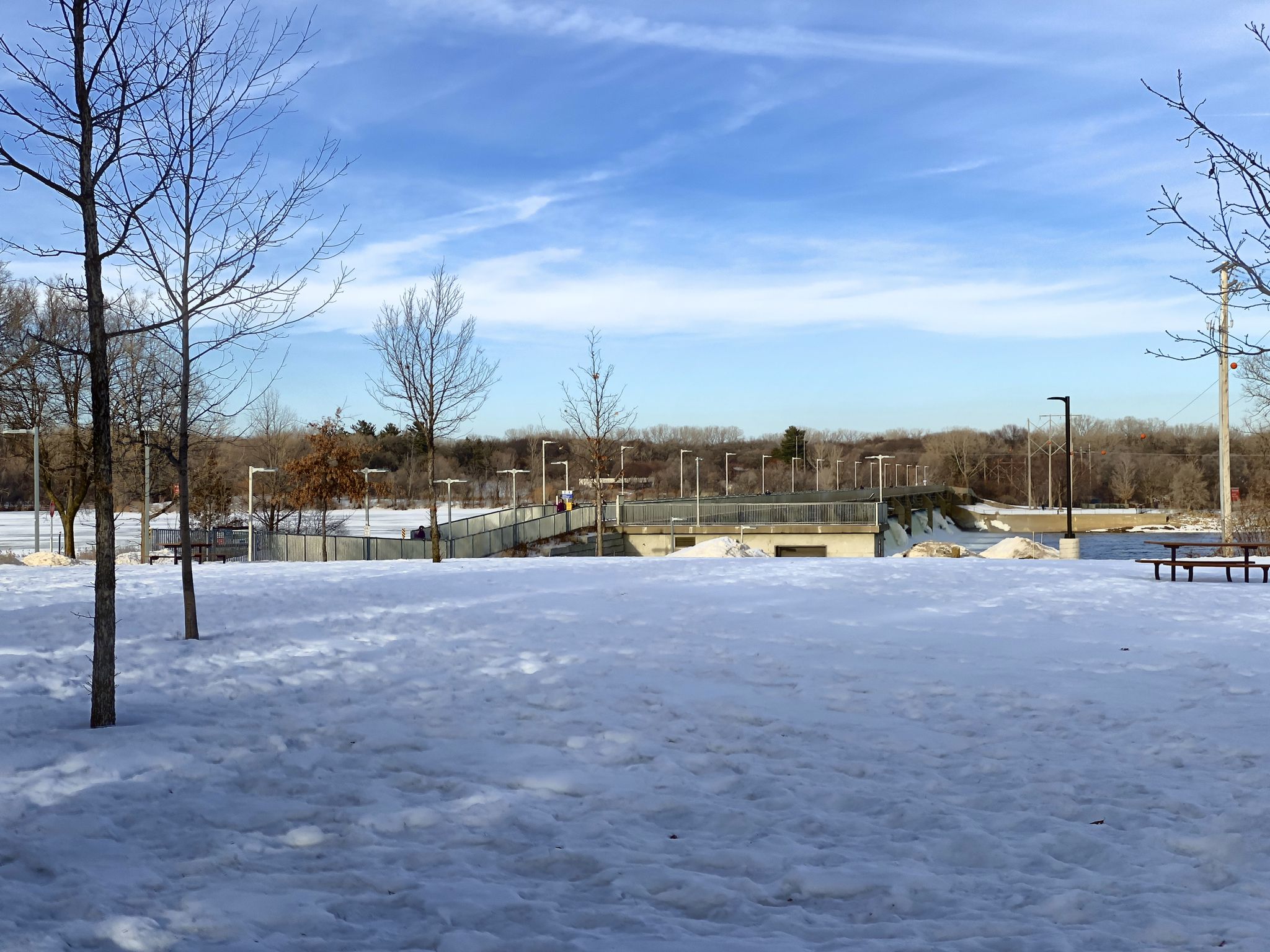 A snow-covered field with bare trees under a bright blue sky. - Rush Creek Regional Trail