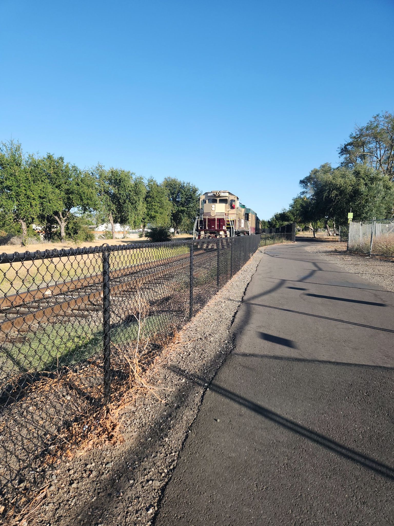 A train on tracks next to a paved path and chain-link fence on a sunny day. - Napa Valley and Dry Creek Loop