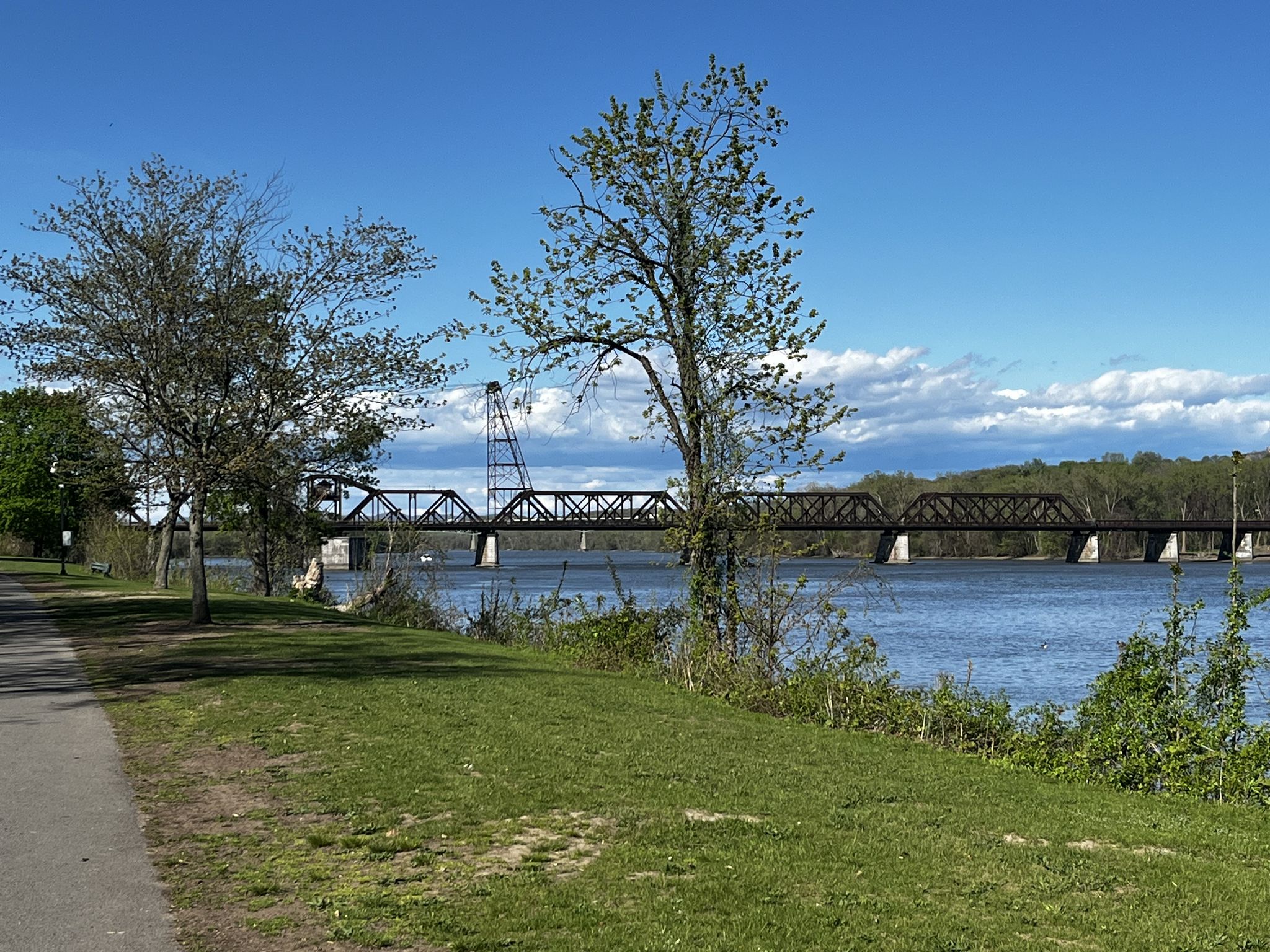 River with a long metal bridge, green trees, bright blue sky. - Hudson Shore Park – Rail Bridge loop from Troy