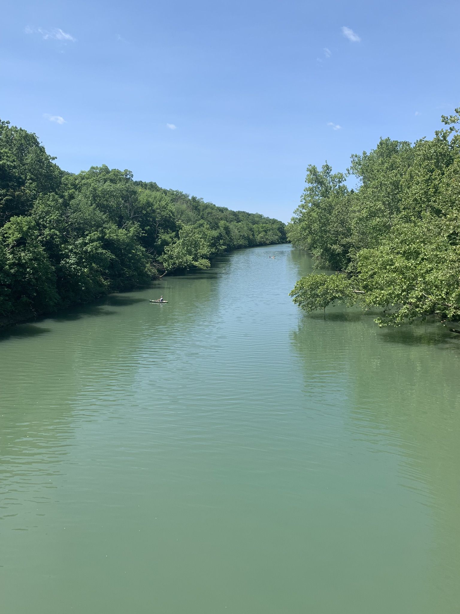 A calm green river flows between dense green trees under a clear blue sky. - James River Bridge loop from Sequiota