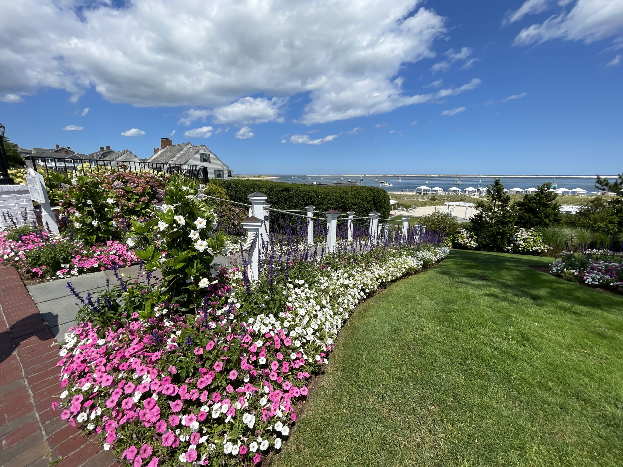 Colorful flower garden and green lawn overlooking a sunny beach. - Chatham Light Beach – Mitchell River Drawbridge loop from Chatham