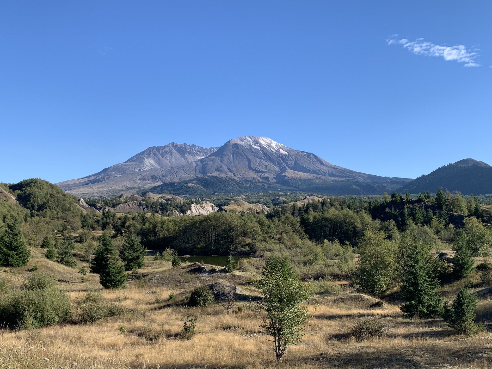 Snowy mountain peak rises above a forested valley under clear sky. - Boundary West Trail