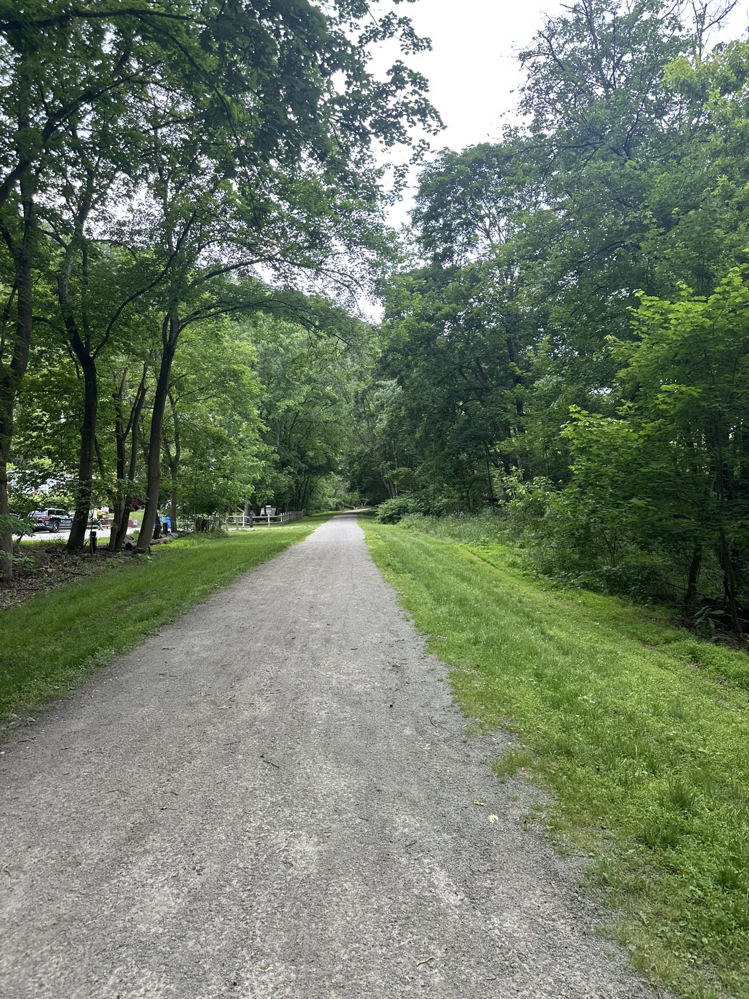 Wide gravel path through lush green trees under an overcast sky. - Dead Man's Hollow Hiking Trail