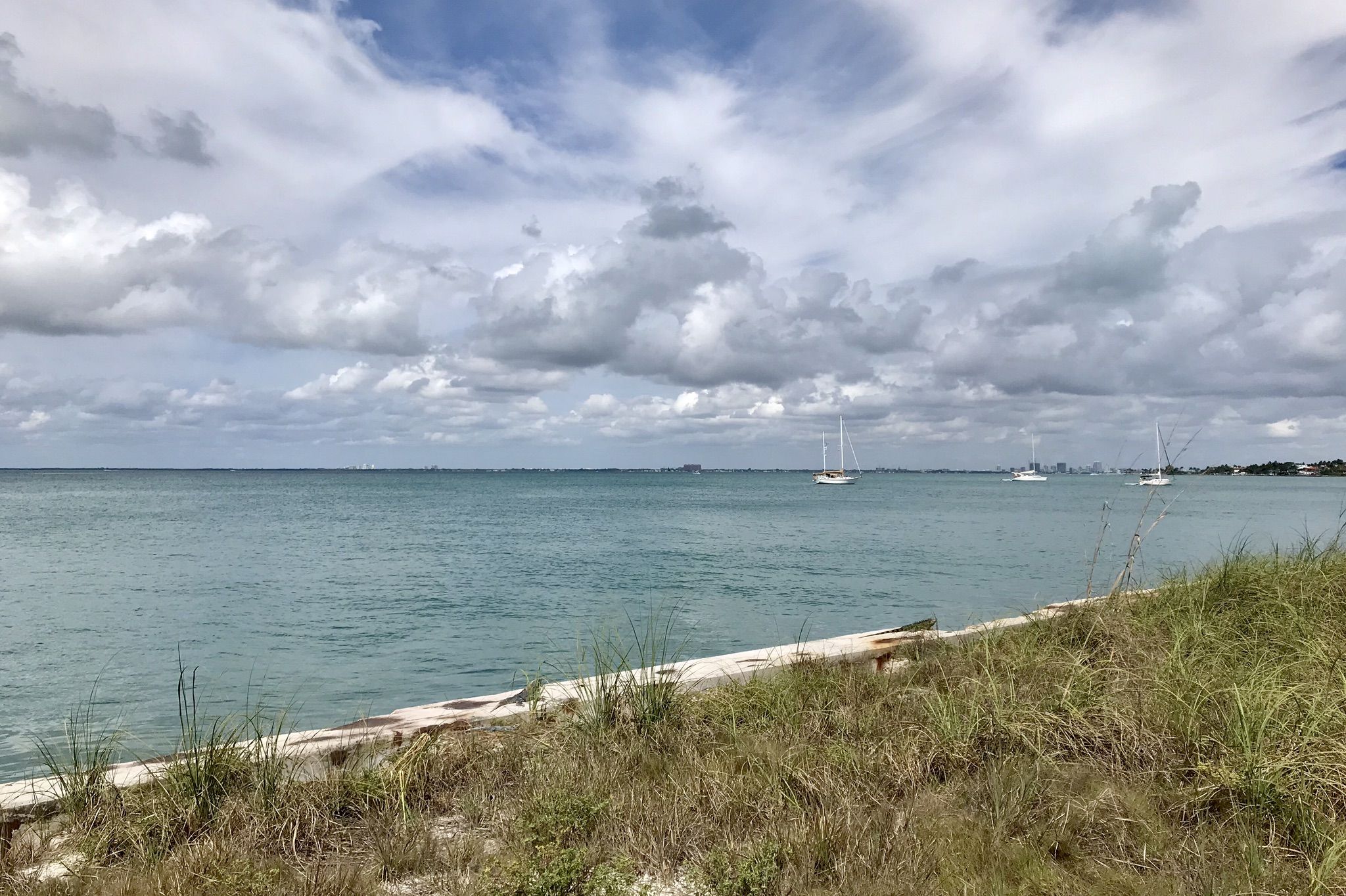 Wide ocean view with several sailboats under a cloudy sky. - Robin's Birding Trail and Lighthouse Loop