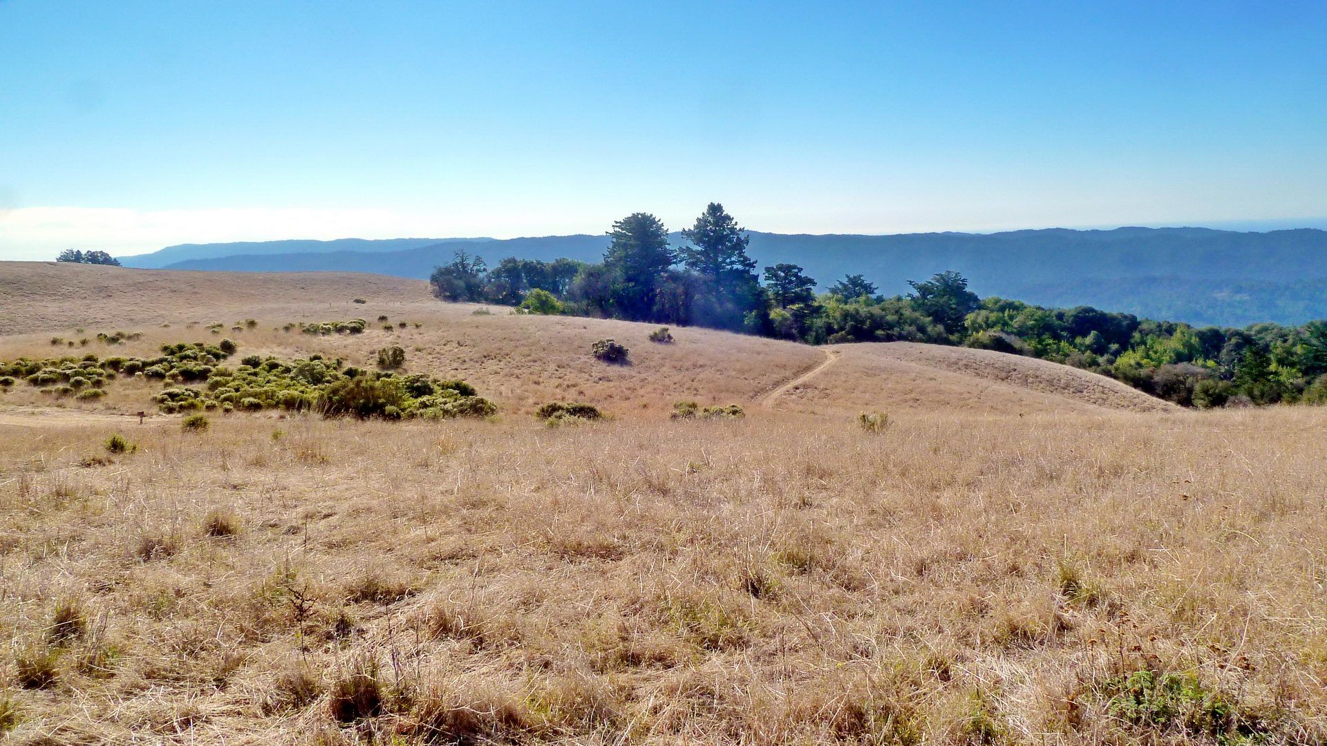 Dry grassy hills and distant mountains under a clear blue sky. - Black Mountain – Arastradero Lake loop from Portola Valley