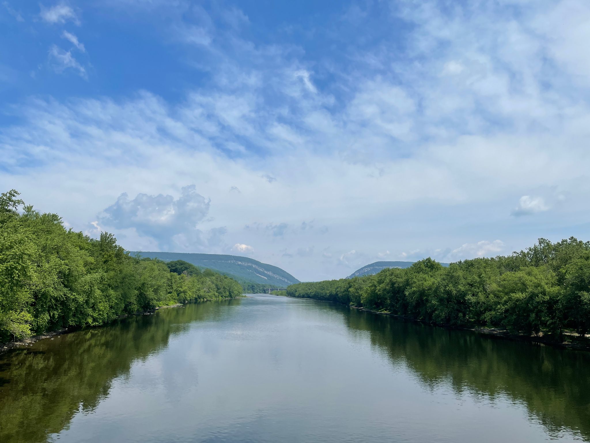 Wide river flowing between lush green forested banks under a bright sky. - Apple Pie Bakery – North Delaware Drive loop from Hamilton Township