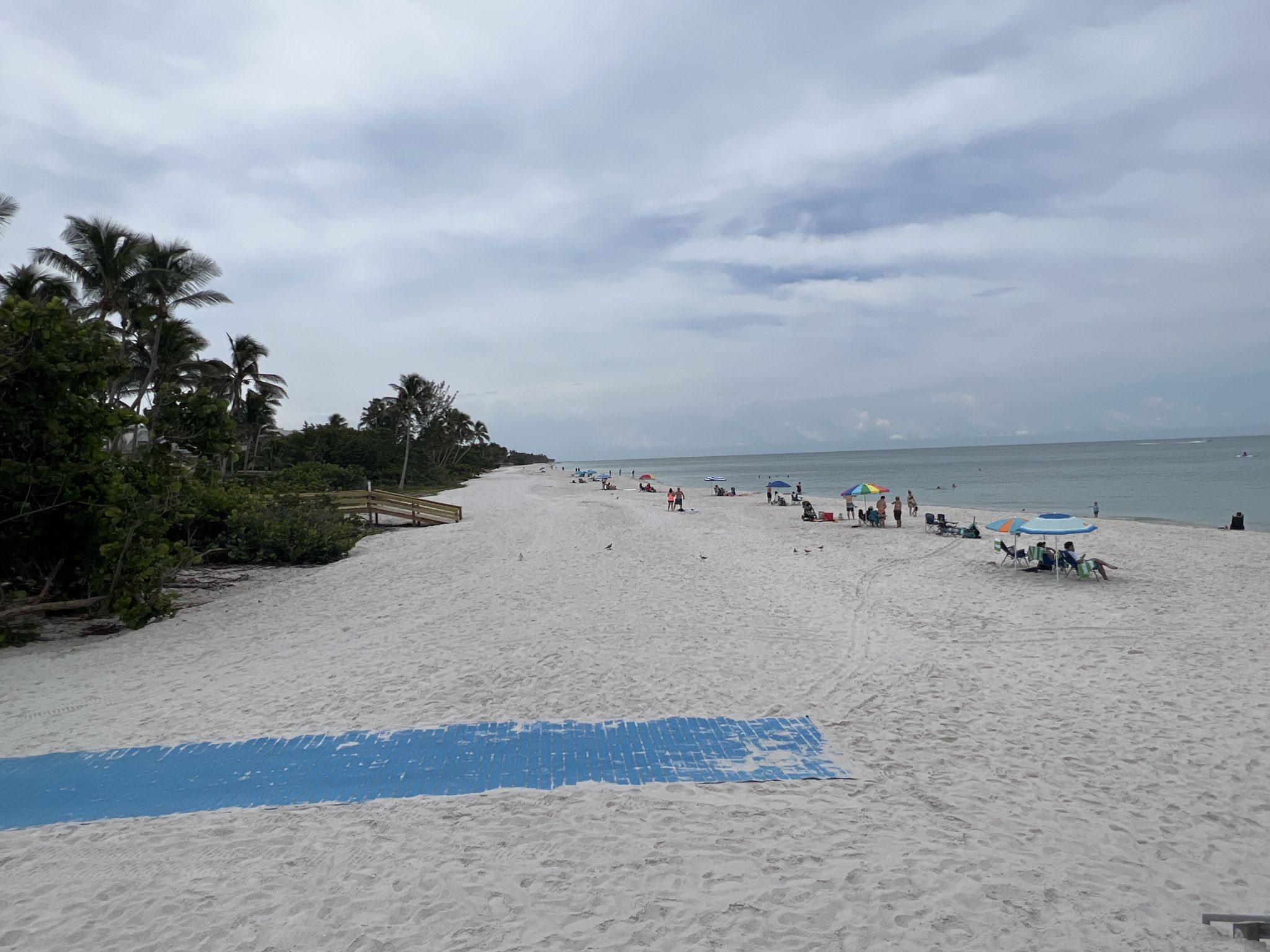 Wide sandy beach with people, palm trees, and a blue mat. - Downtown Naples and Naples Beach loop