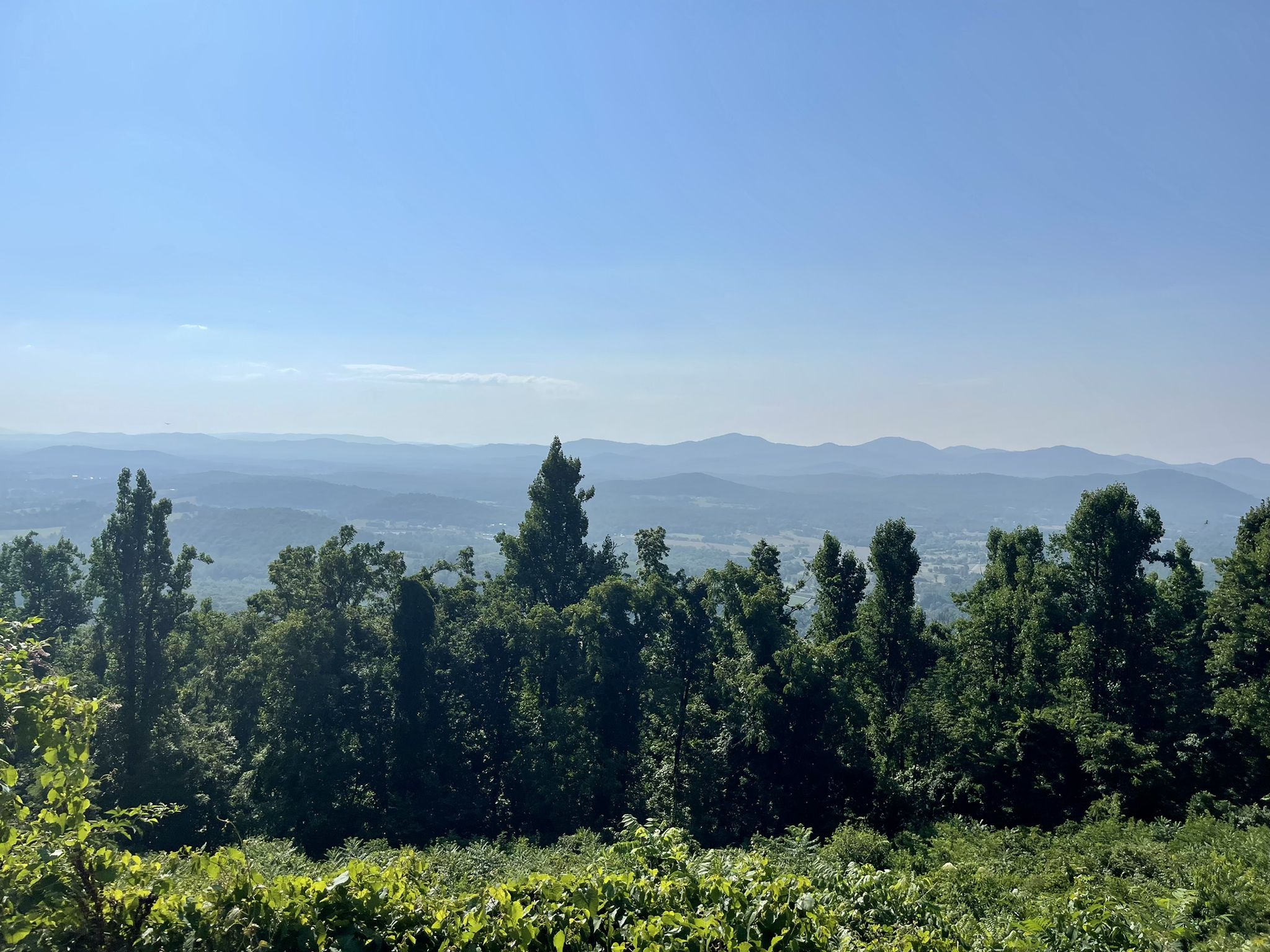 Distant hazy mountains under a clear blue sky, with green trees in foreground. - Rockfish Valley Overlook – Afton Overlook loop from Little Spy Mountain